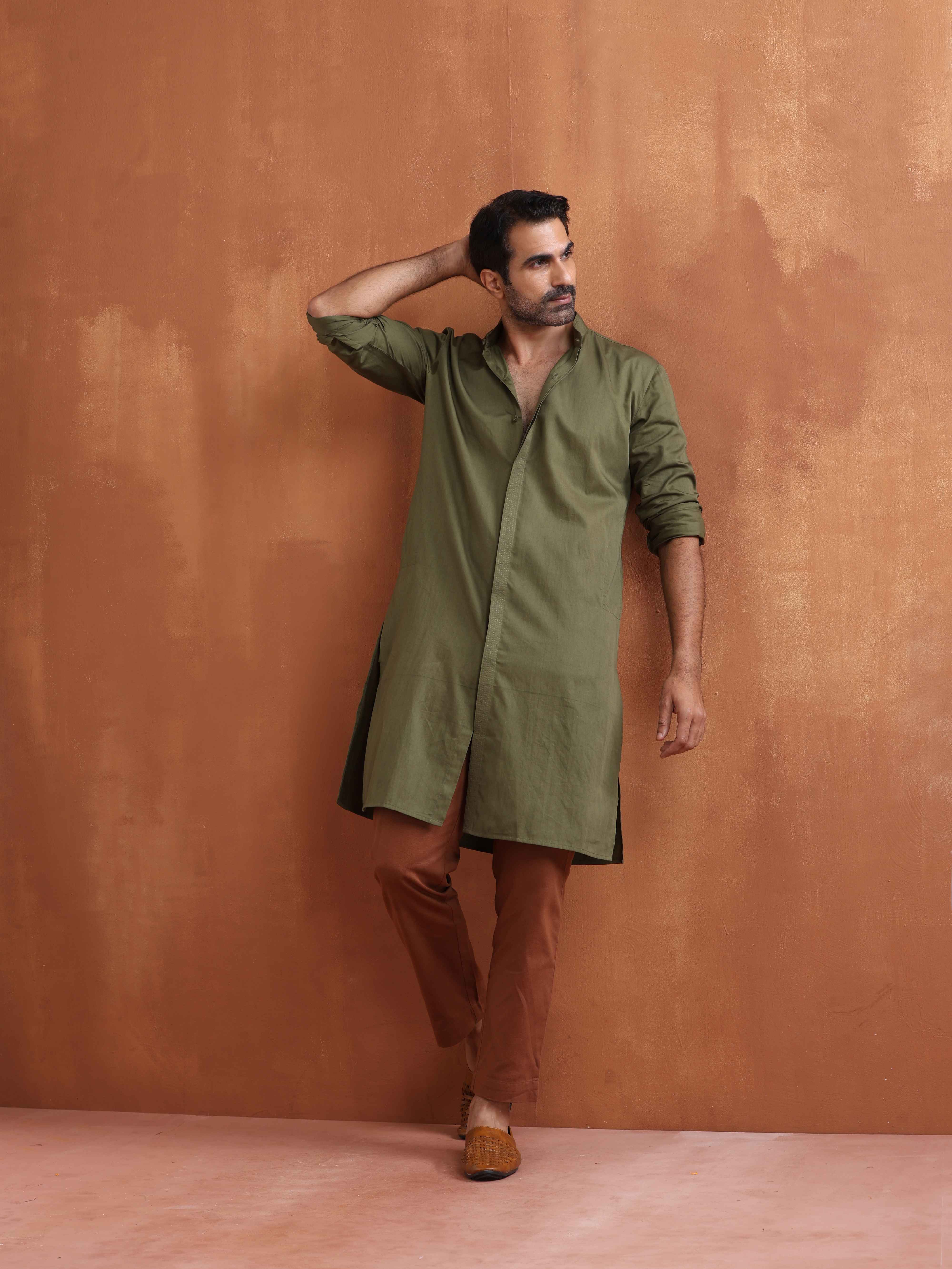 trueBrowns Men's Olive Green Cotton Front Open Kurta - Distacart