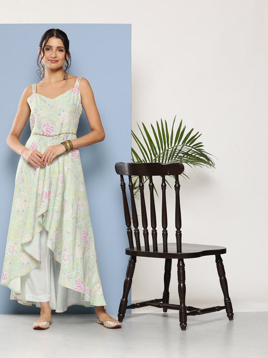 Ahalyaa Women Sea Green Floral Printed Empire Gotta Patti Kurta with Trousers - Distacart