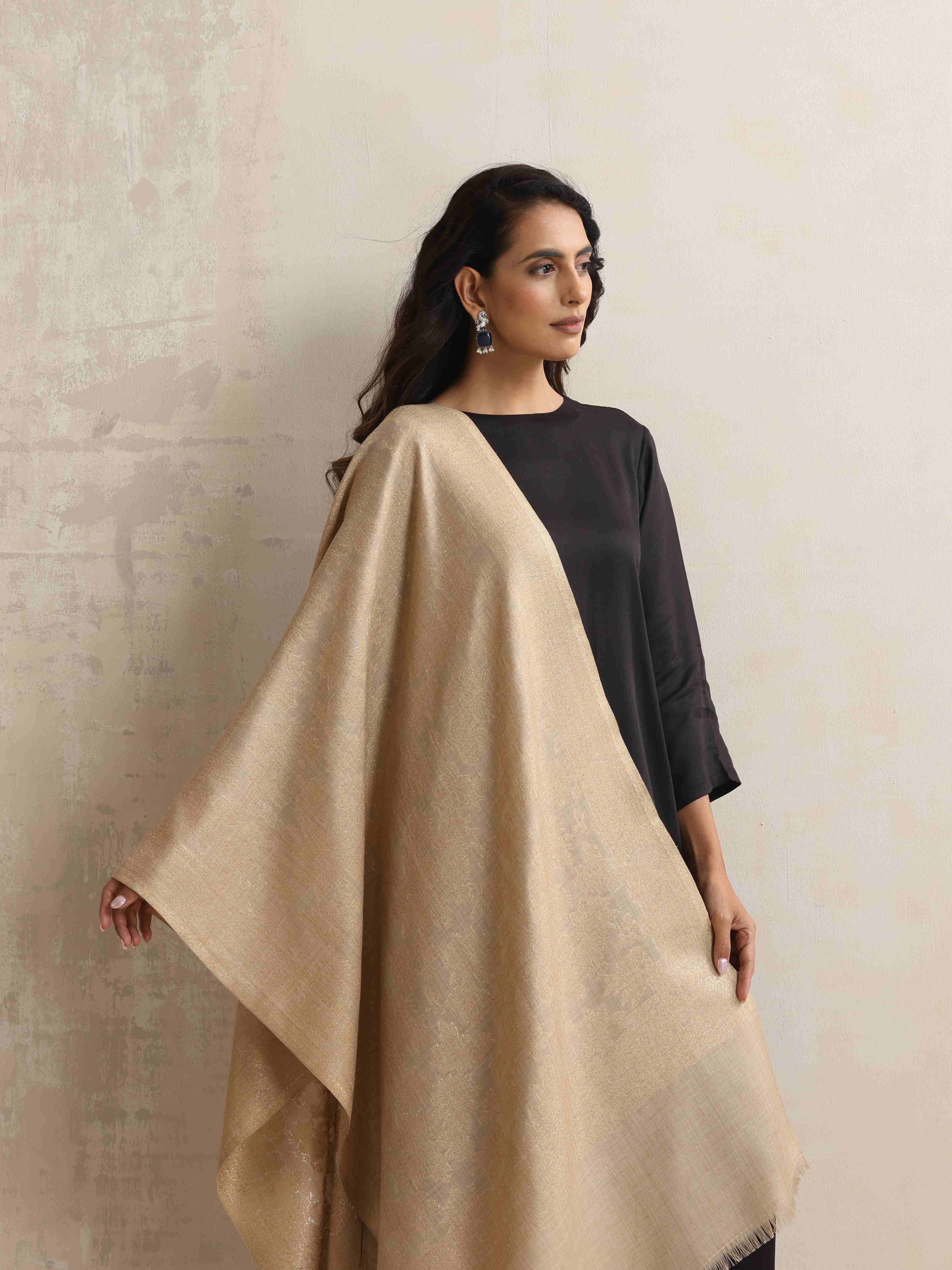 trueBrowns Beige Floral Jaal Woollen Stole - Distacart