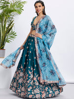 Thumbnail for House of Panchhi Olive Pure Georgette Sequins And Thread Embroidery Lehenga Choli & Dupatta - Distacart