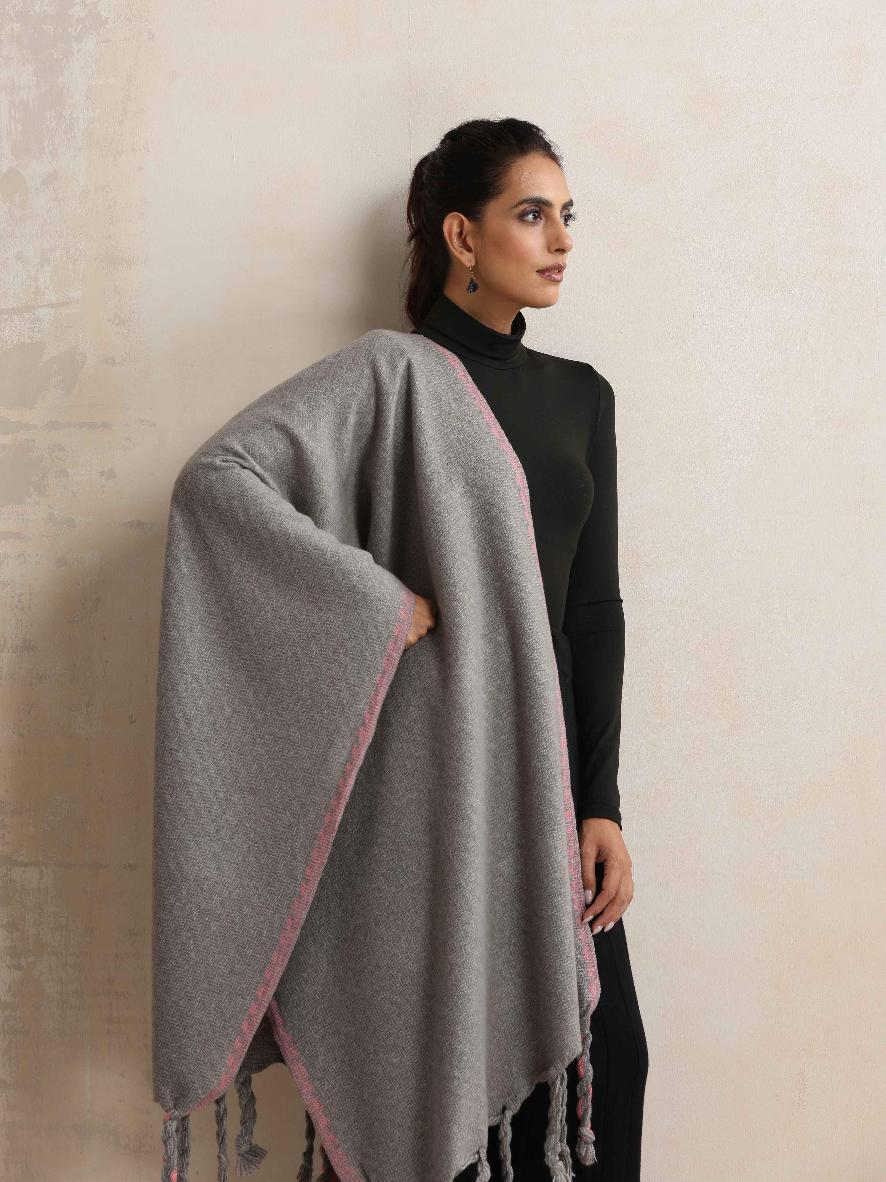 trueBrowns Grey Tassel Woollen Stole - Distacart