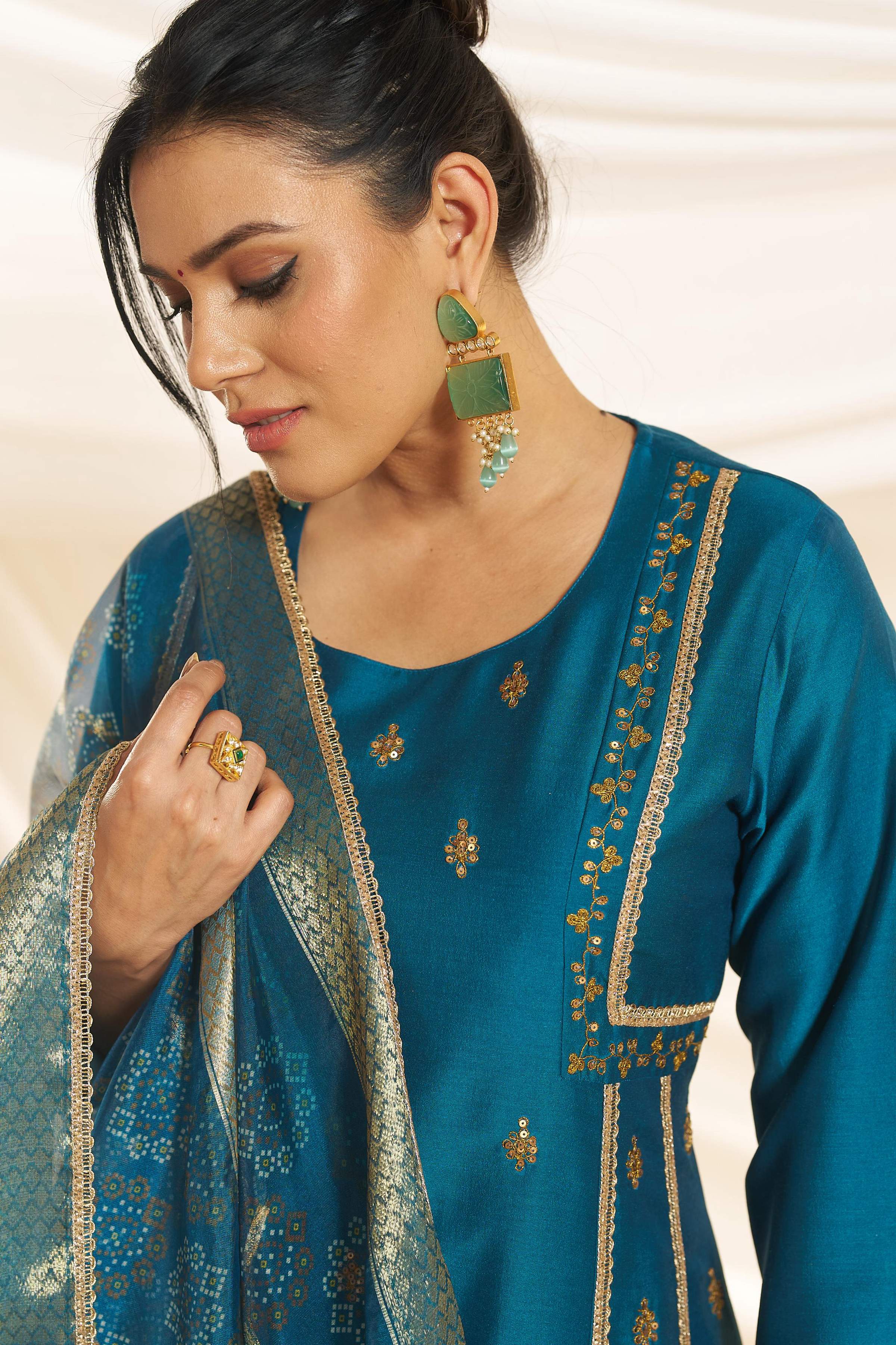BulBul Women Teal Embellished Premium Silk Ethenic A-Line Kali Suit With Dupatta