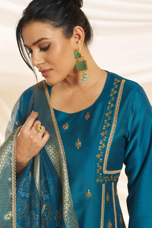 BulBul Women Teal Embellished Premium Silk Ethenic A-Line Kali Suit With Dupatta
