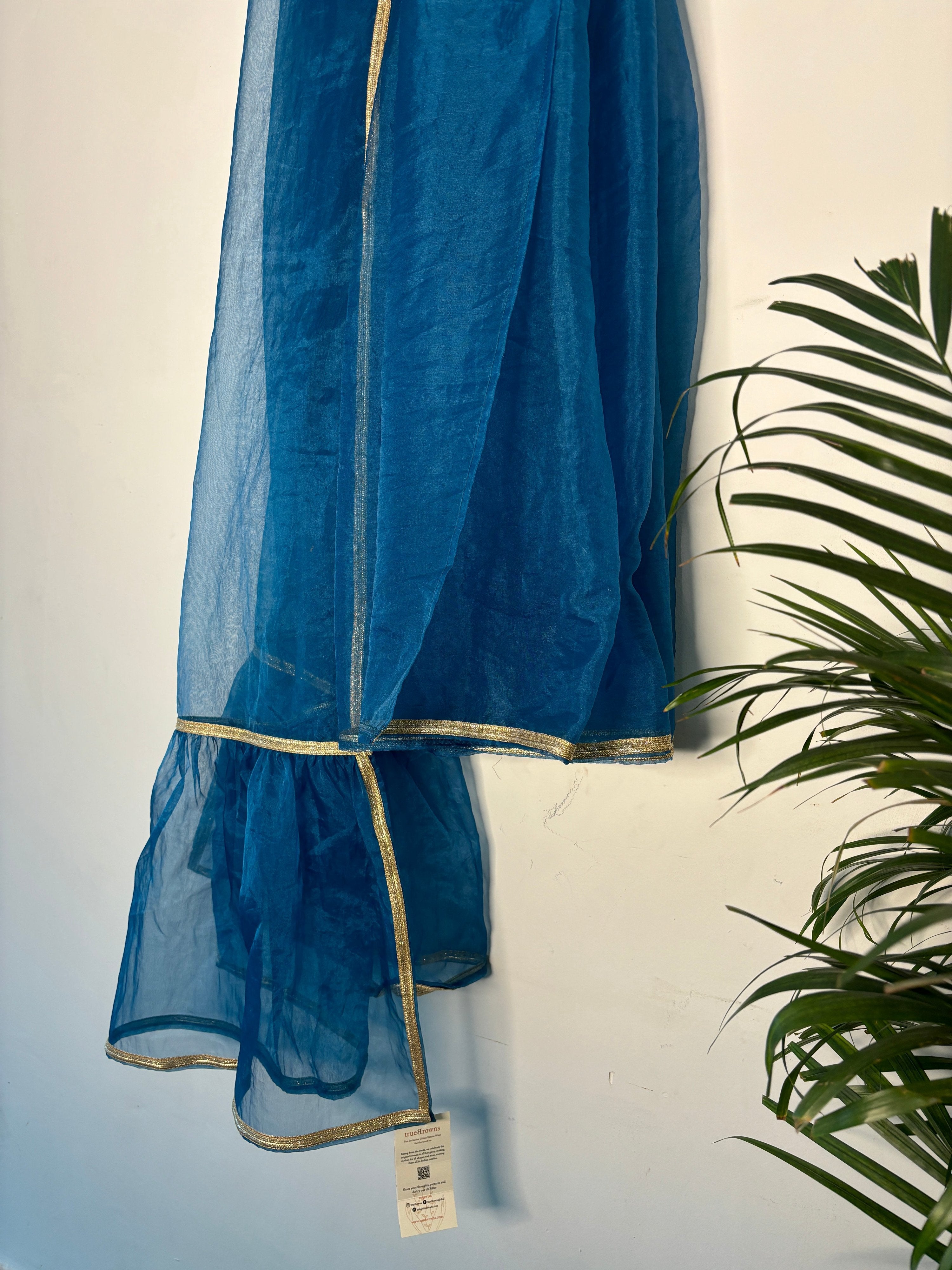 trueBrowns Teal Organza Pre-Stitched Saree - Distacart