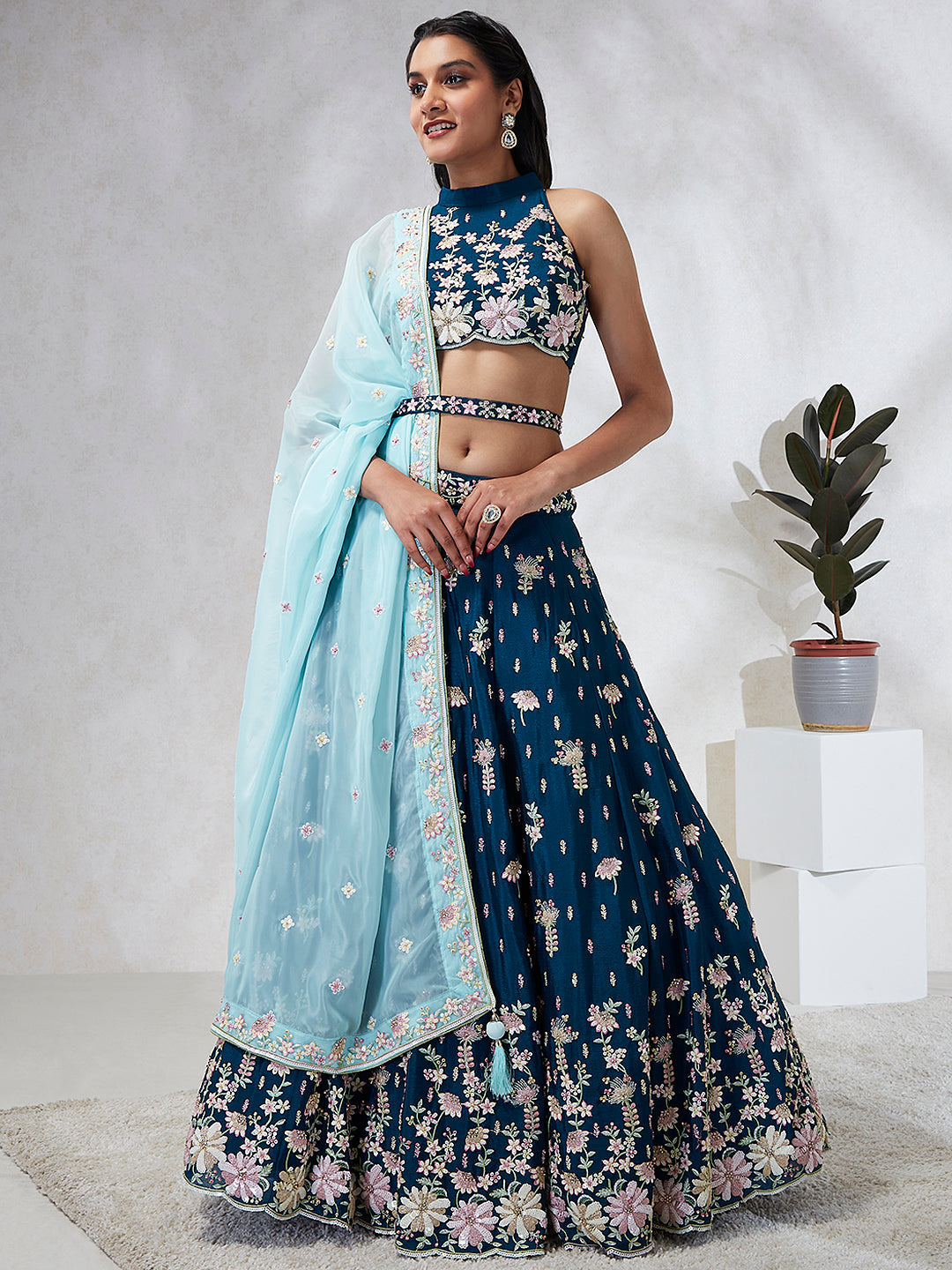 House of Panchhi Teal Pure Georgette Sequins And Thread Embroidery Lehenga Choli & Dupatta - Distacart