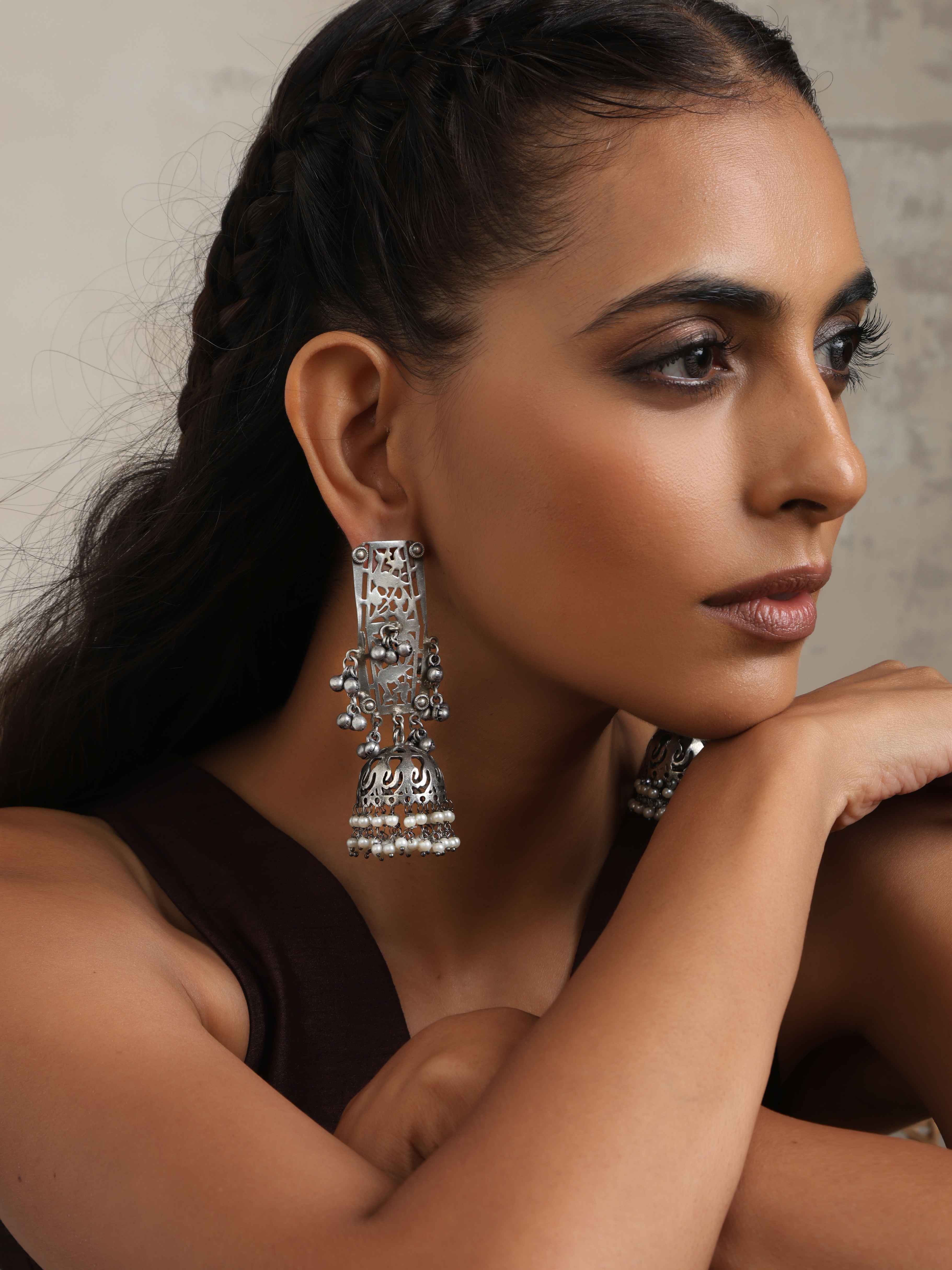 trueBrowns Silver Tone Floral Jhumka Earrings - Distacart