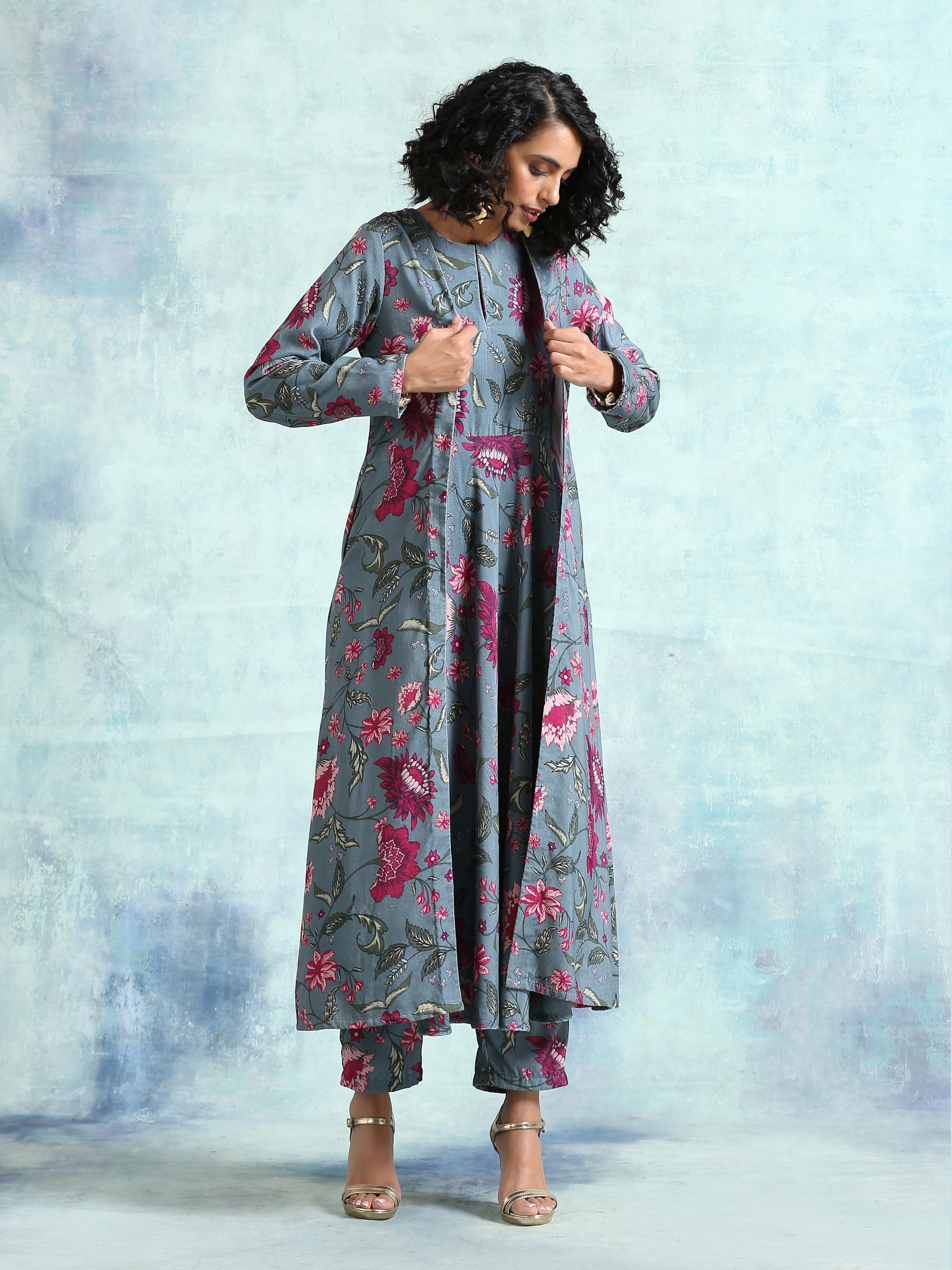 trueBrowns Grey Printed Velvet Overlay Jacket - Distacart