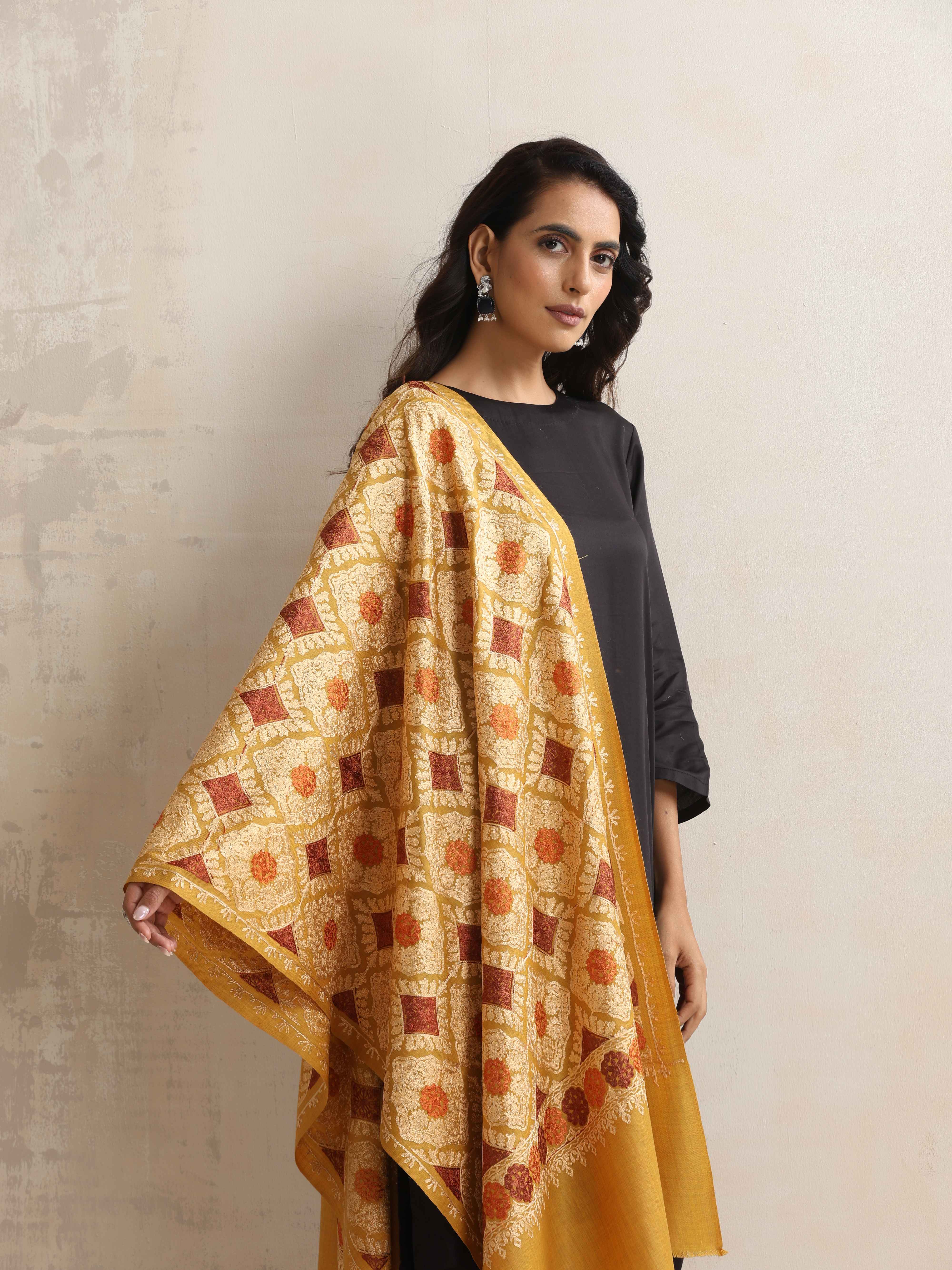 trueBrowns Mustard Embroidered Woollen Stole - Distacart