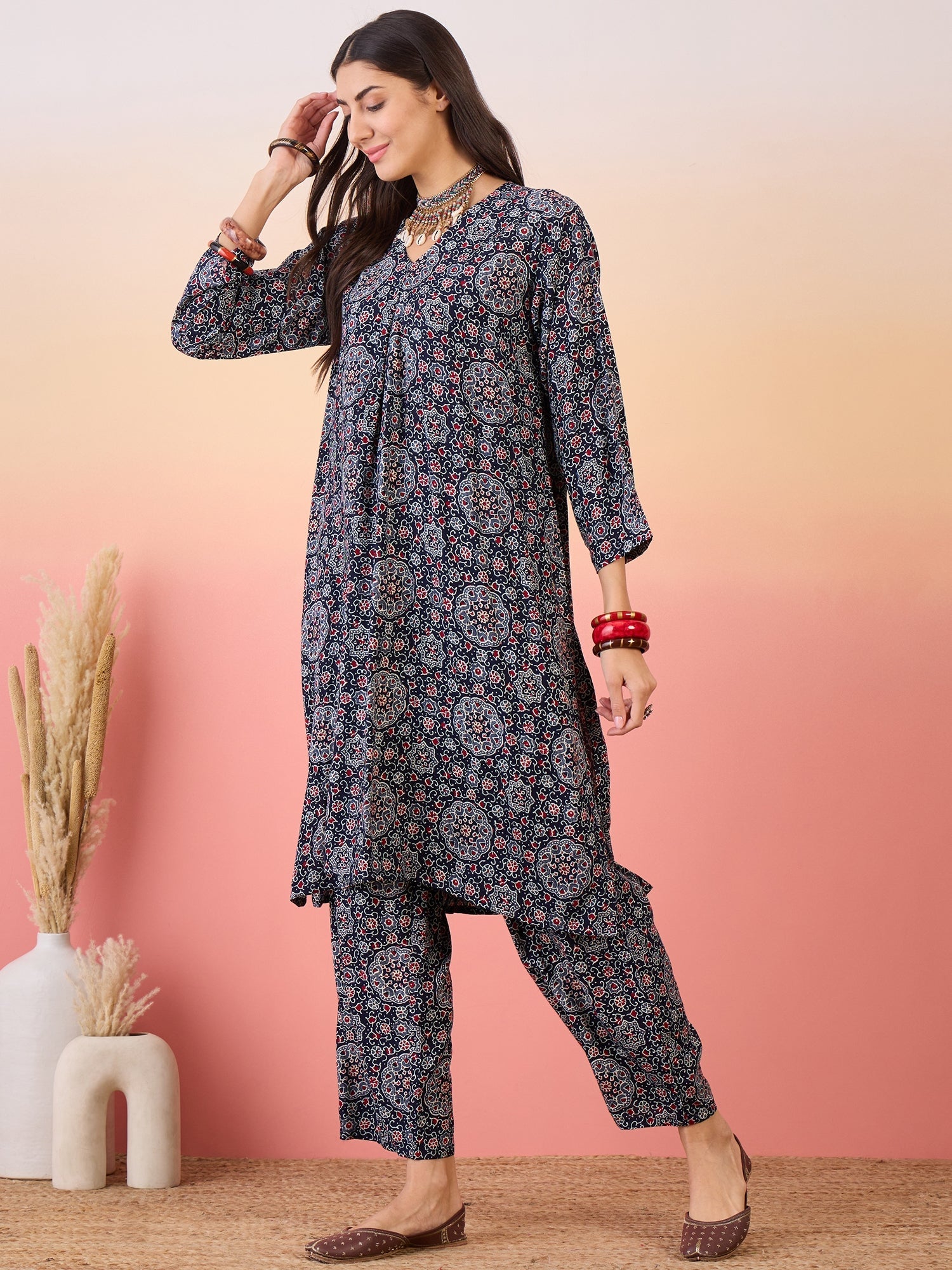 InWeave Navy Maroon Ajrakh Foil V Neck Kurta Pant Set - Distacart
