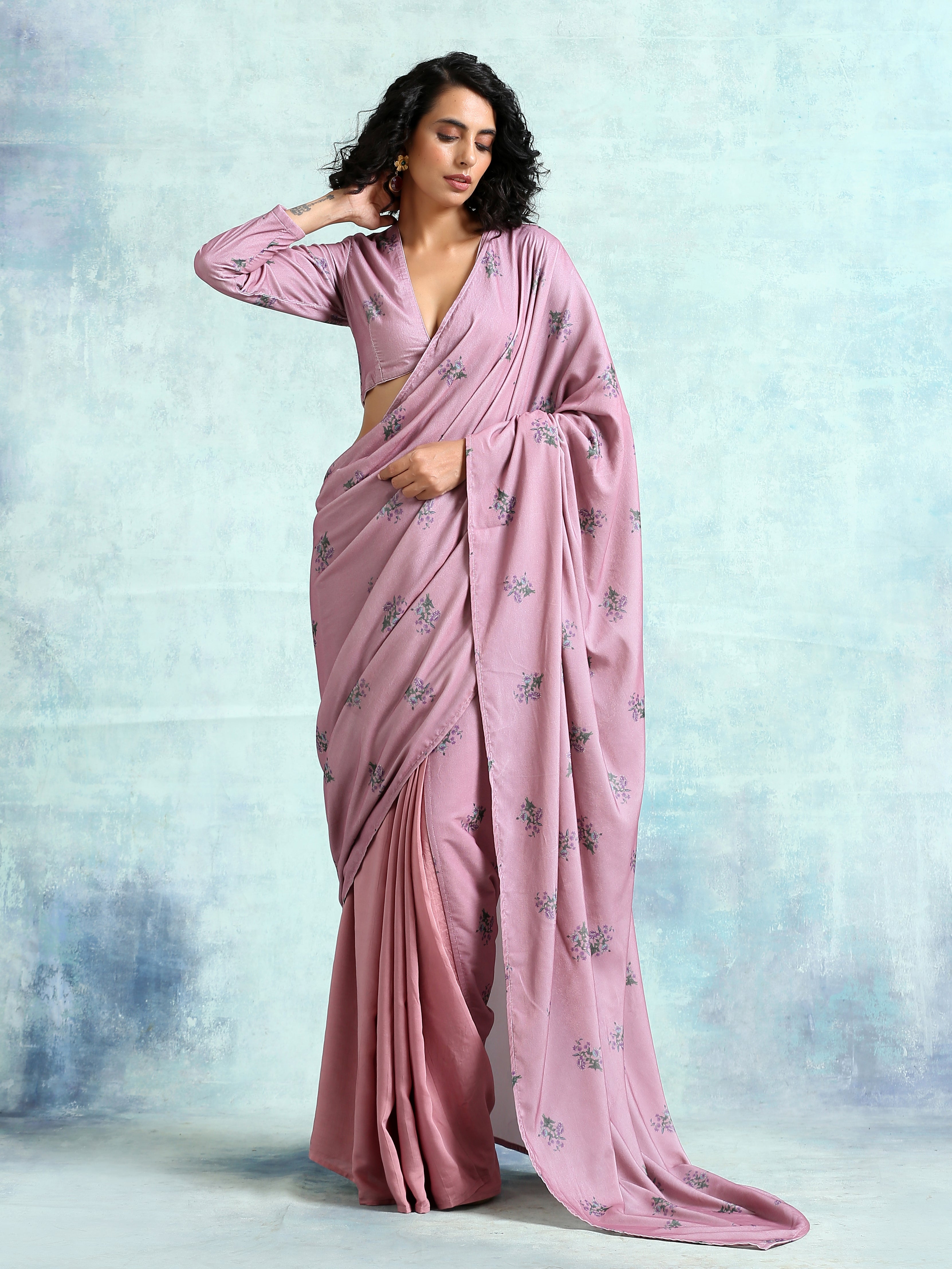 trueBrowns Light Mauve Printed Velvet Ready to Wear Saree - Distacart