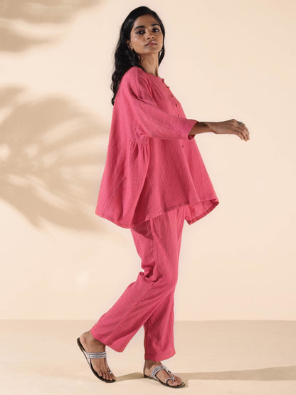 trueBrowns Pink Cotton Dobby Oversized Co-ord Set - Distacart