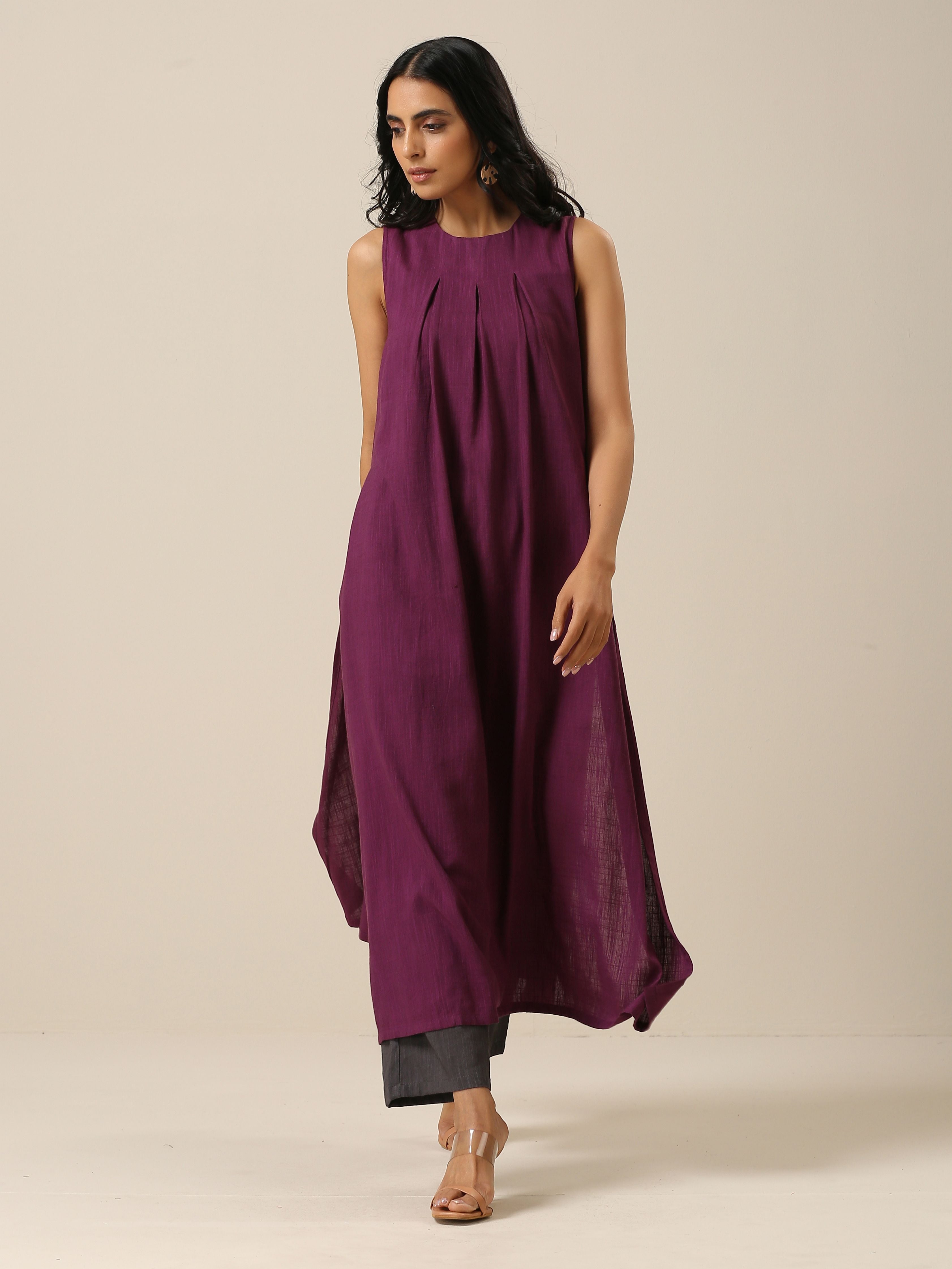 trueBrowns Plum Purple Slub Texture Sleeveless Kurta Pant Set - Distacart