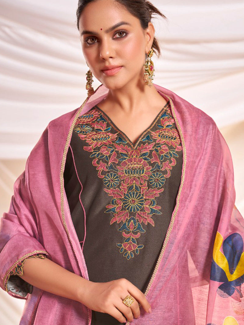 BulBul Women Brown Embroidered Premium Silk Straight-Shoulder Cut Suit With Dupatta