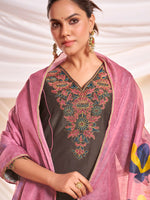 Thumbnail for BulBul Women Brown Embroidered Premium Silk Straight-Shoulder Cut Suit With Dupatta