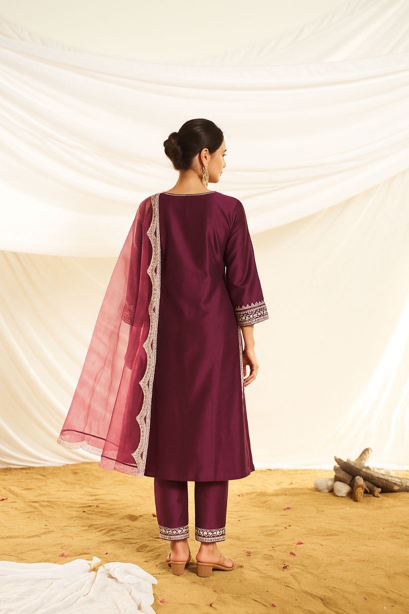 BulBul Women Wine Embroidered Premium Silk Straight Suit With Dupatta