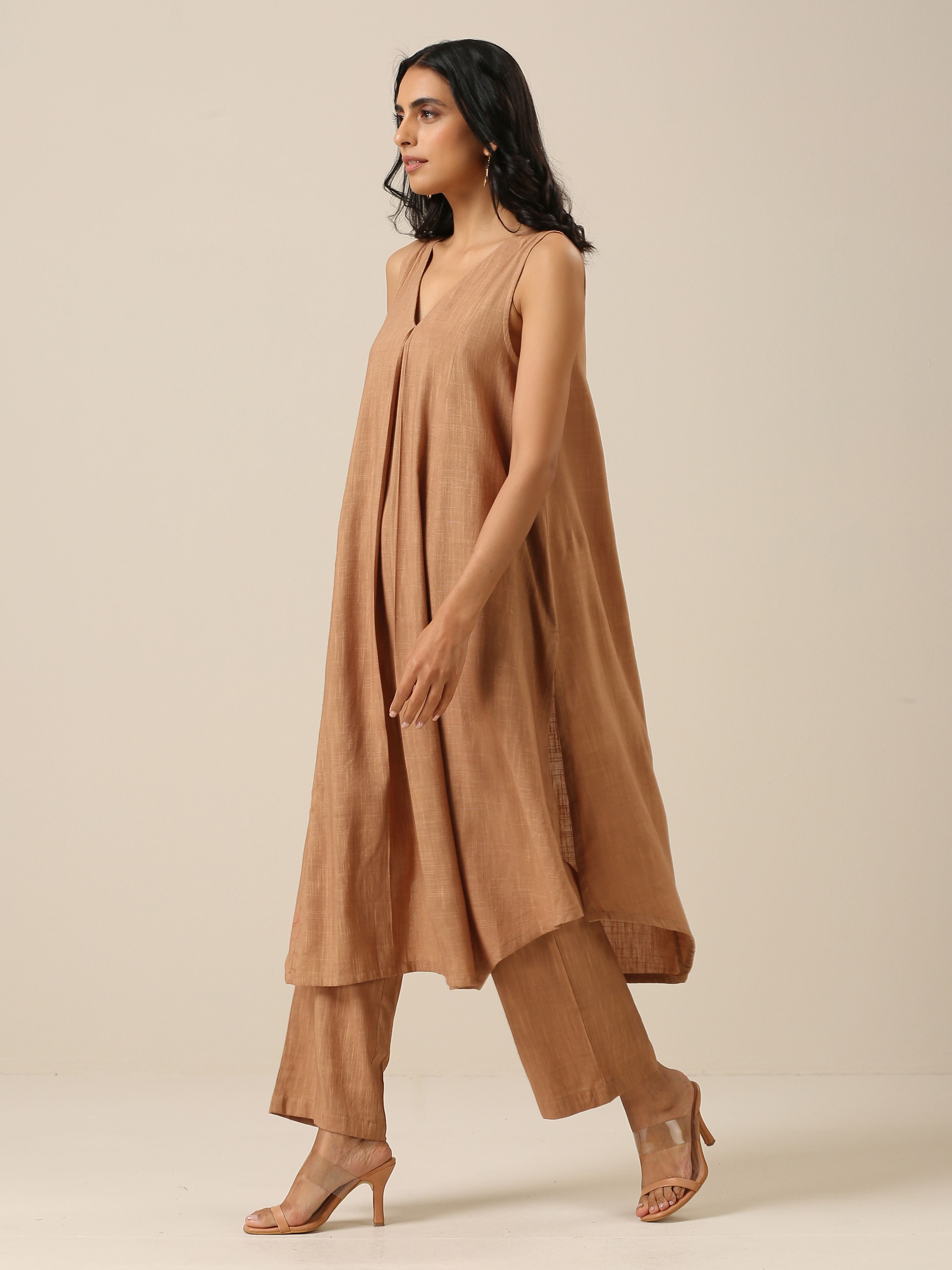 trueBrowns Beige Slub Texture Sleeveless Flared Kurta Pant Set - Distacart