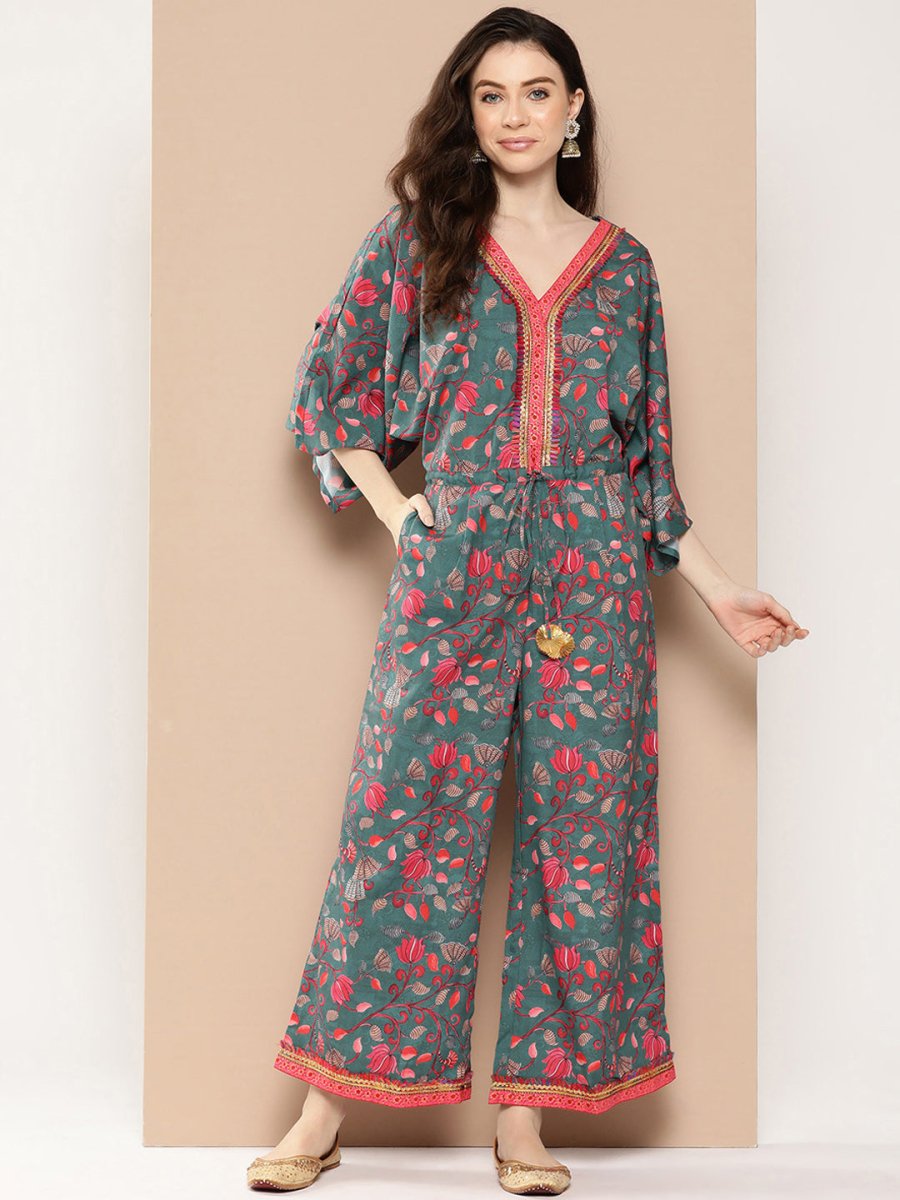 Ahalyaa Printed Basic Jumpsuit with Lace Inserts - Distacart