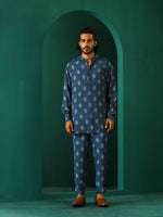 Thumbnail for trueBrowns Men's Blue Floral Muslin Silk Printed Co-ord Set - Distacart