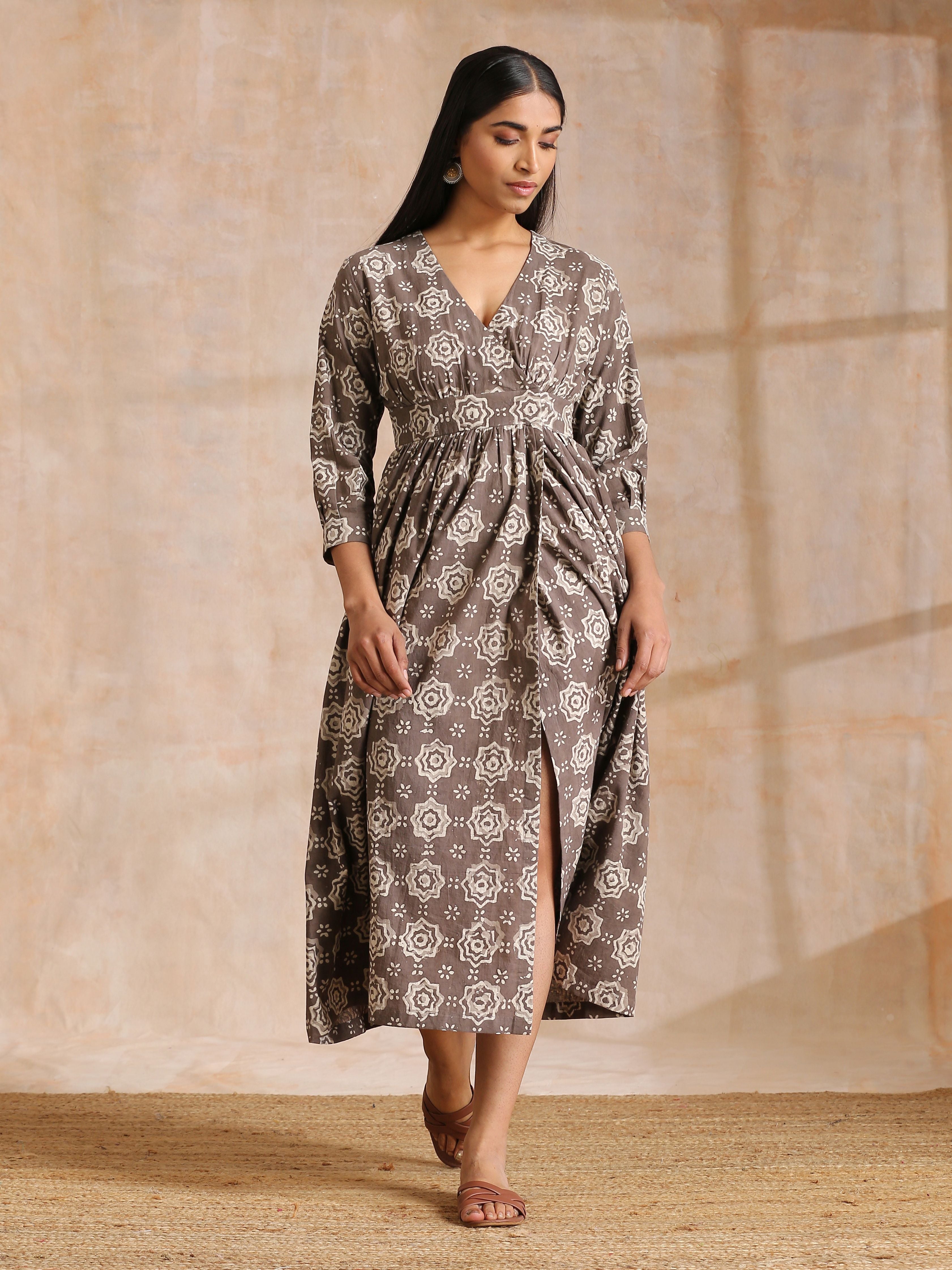 trueBrowns Clay Dabu Overall Print Cotton Wrap Dress | Relove - Distacart