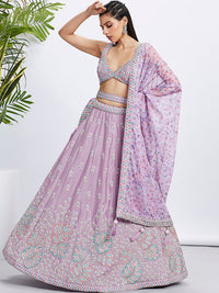 Thumbnail for House of Panchhi Lavender Georgette Sequins And Thread Embroidery Lehenga Choli & Dupatta - Distacart