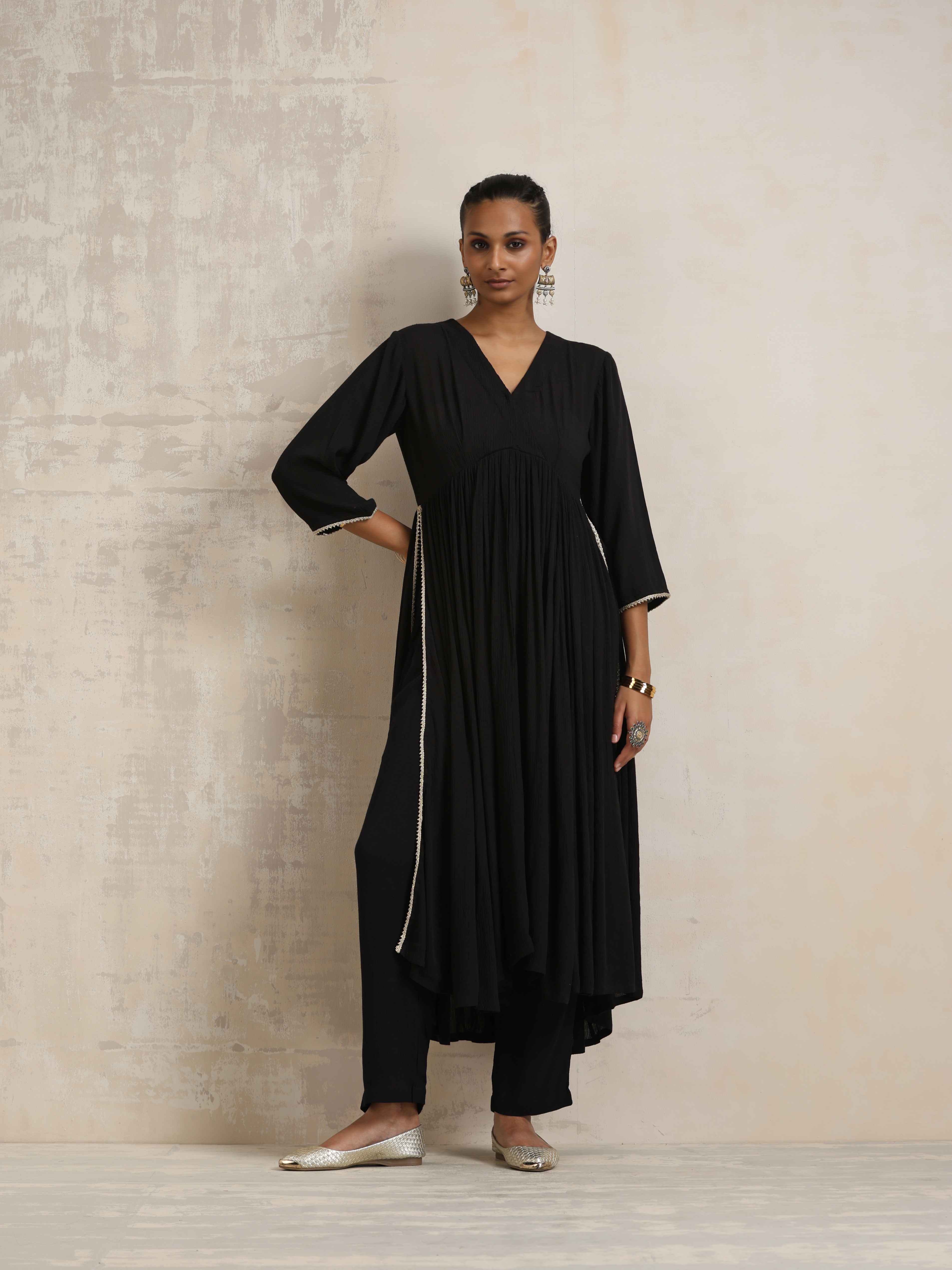 trueBrowns Black Crinkle Anarkali Flared Kurta Set - Distacart