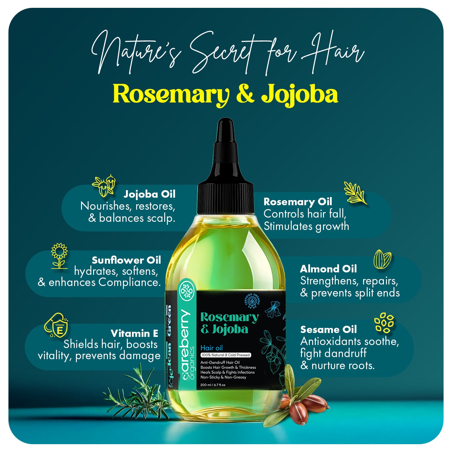 Careberry 100% Organic Rosemary & Jojoba Anti Dandruff Hair Oil - Distacart