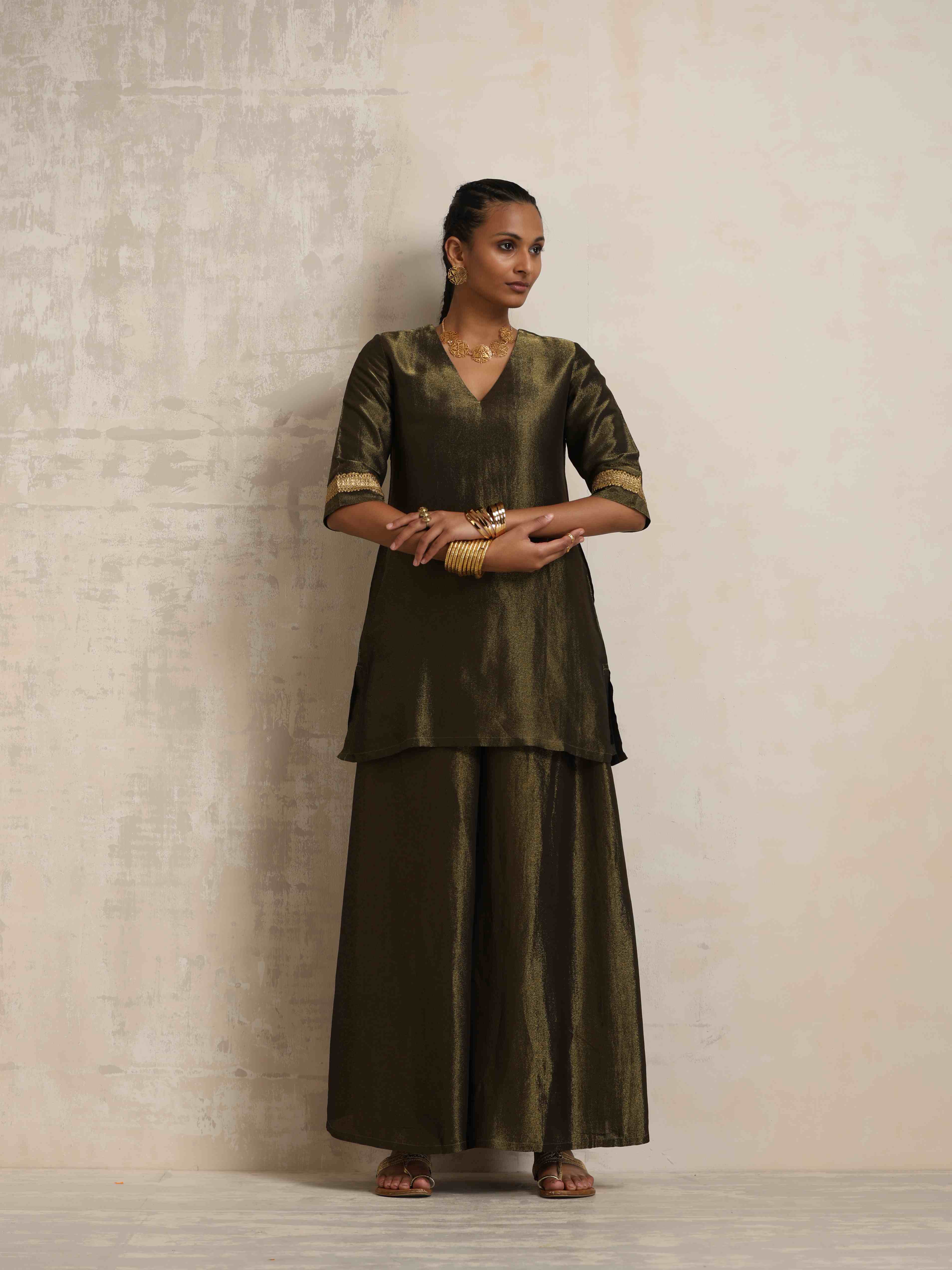 trueBrowns Olive Green Tissue Sharara Set - Distacart