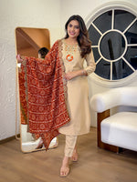 Thumbnail for The52 Women's Gorgeous Viscose Embroidery Straight Kurta with Pant And Dupatta Set