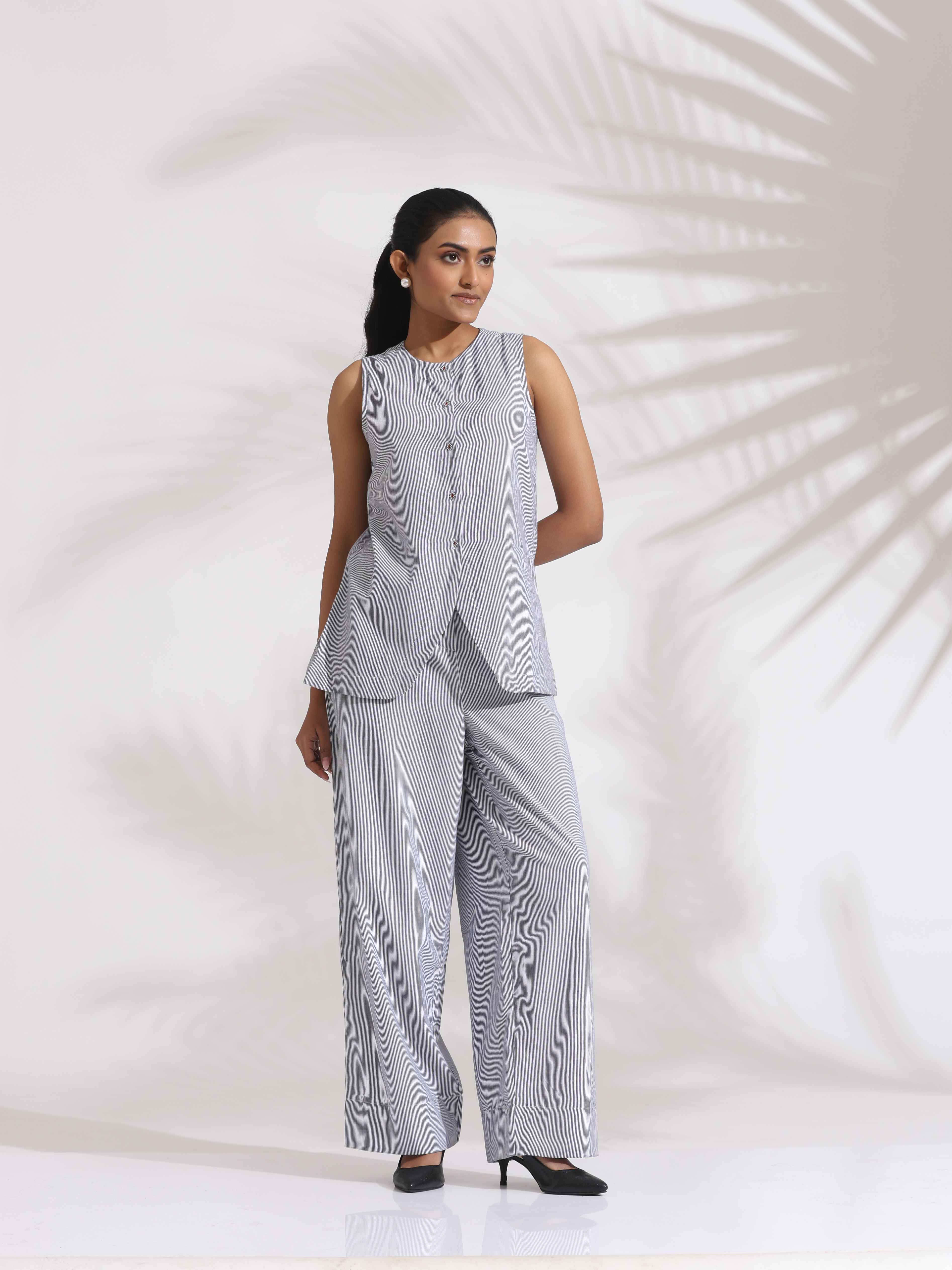 trueBrowns Grey Cotton Stripe Co-ord Set - Distacart
