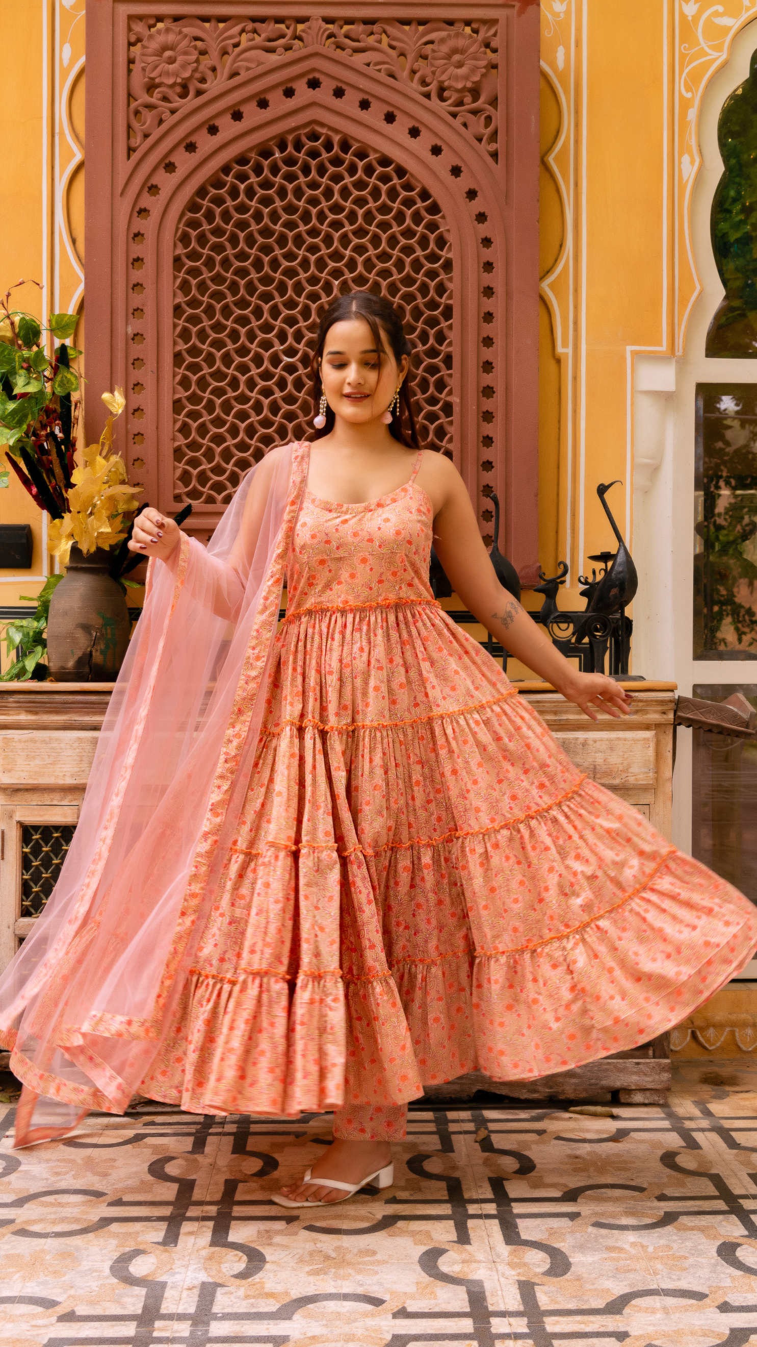 Pomcha Jaipur Gaurangi Trishika Peach Cotton Tiered Anarkali Set