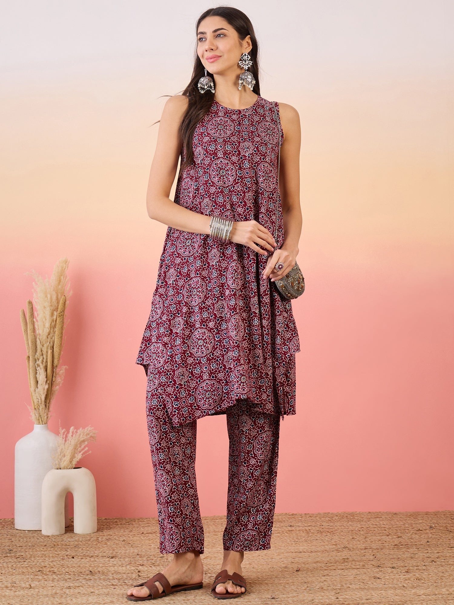 InWeave Maroon Navy Ajrakh Foil Round Neck Kurta Pant Set
