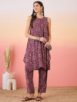 Thumbnail for InWeave Maroon Navy Ajrakh Foil Round Neck Kurta Pant Set
