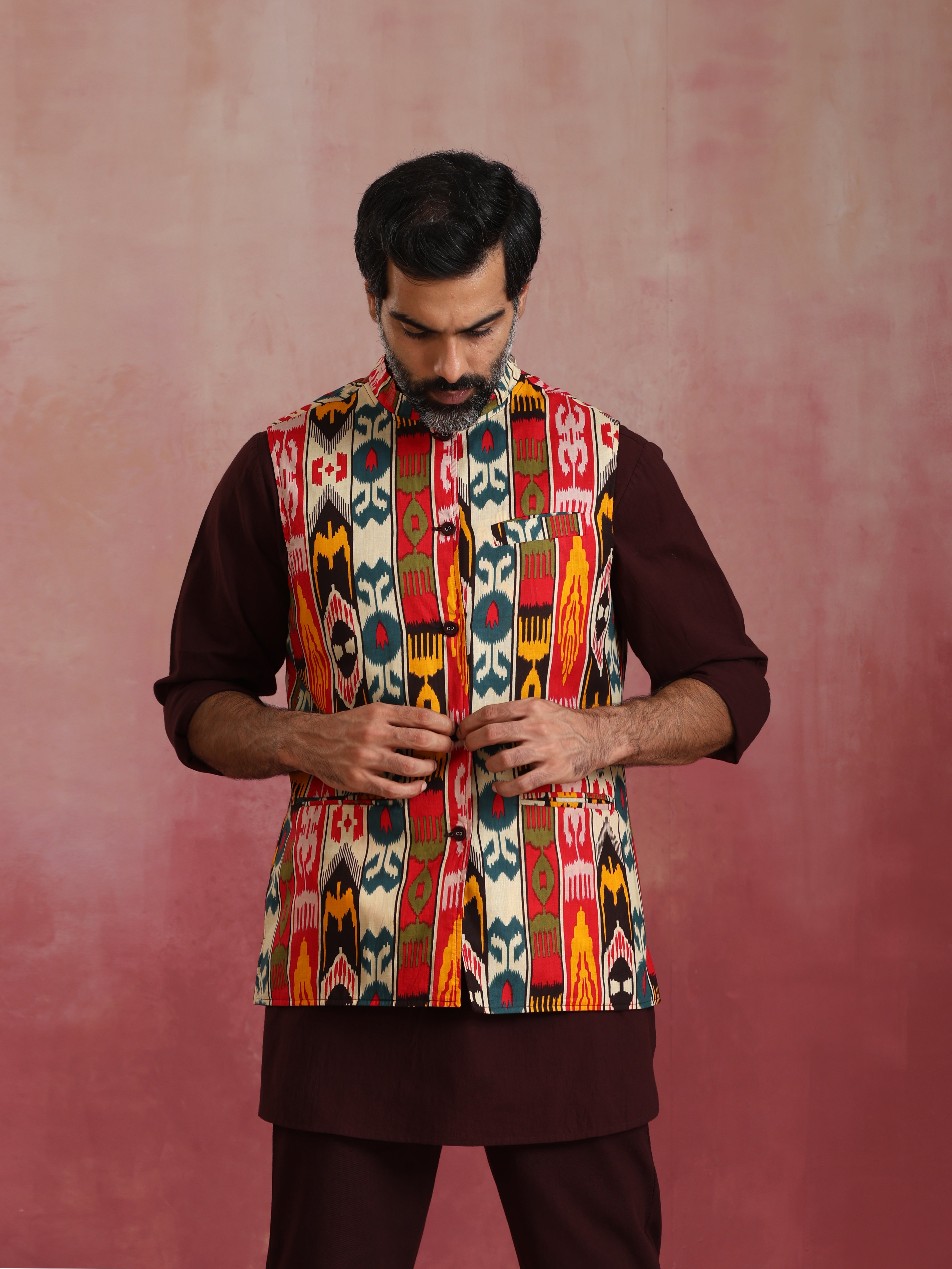 trueBrowns Men's Cola Ikat Print Cotton Reversible Nehru Jacket - Distacart