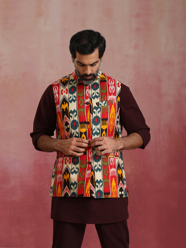 trueBrowns Men's Cola Ikat Print Cotton Reversible Nehru Jacket
