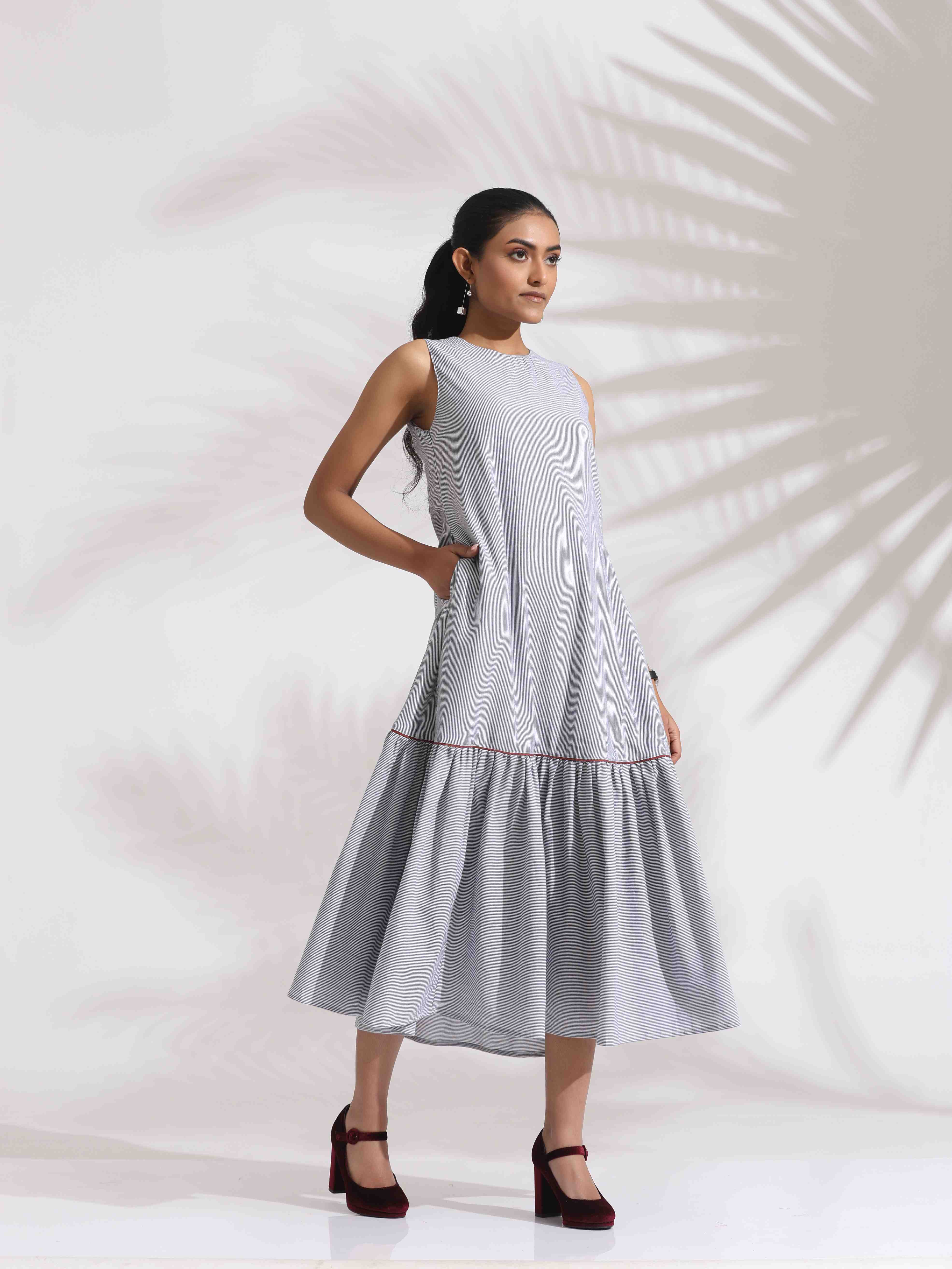 trueBrowns trueBrown Grey Cotton Stripe Tier Dress - Distacart