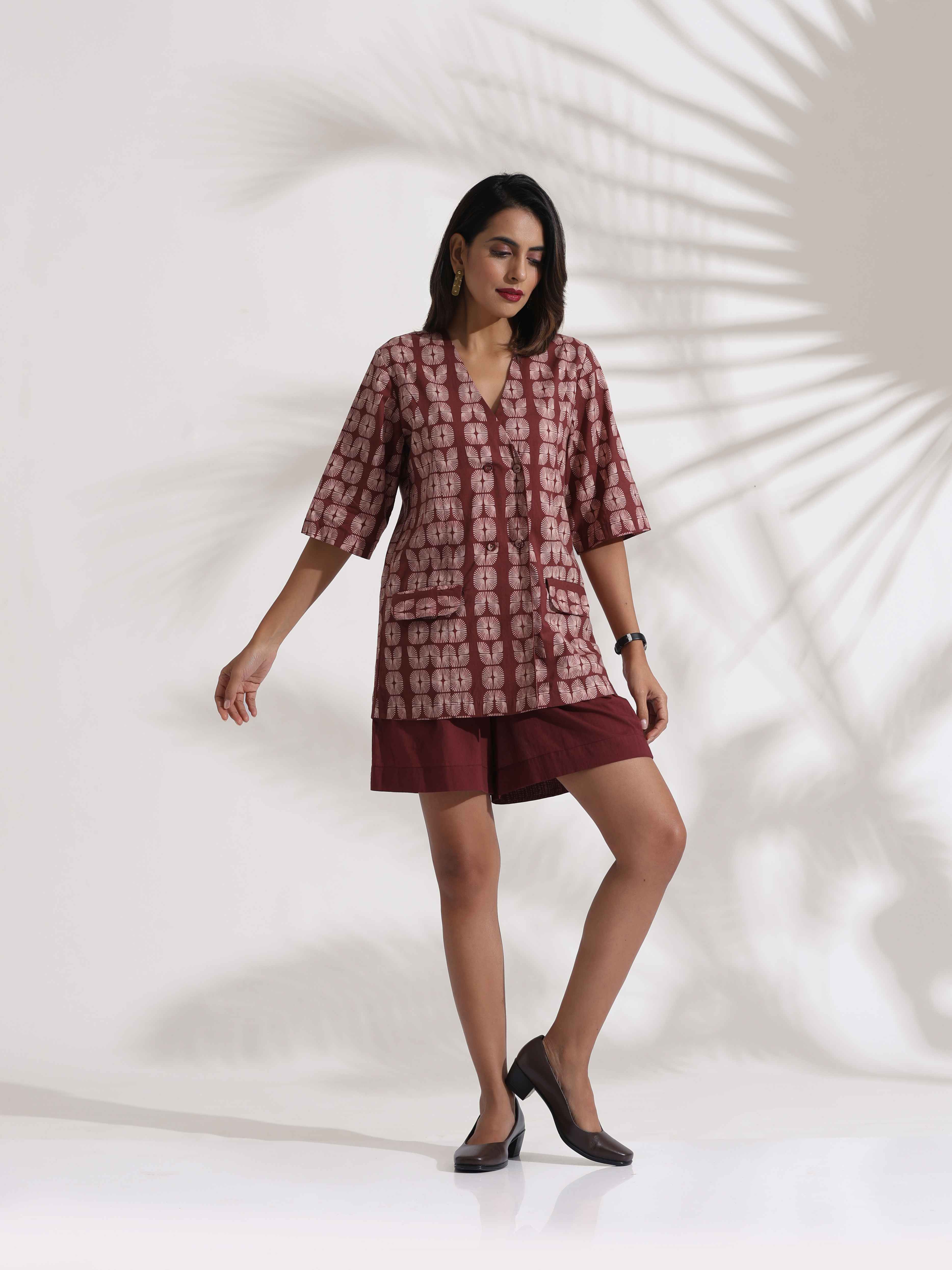 trueBrowns Brown Cotton Print Jacket Top & Short Co-ord Set - Distacart