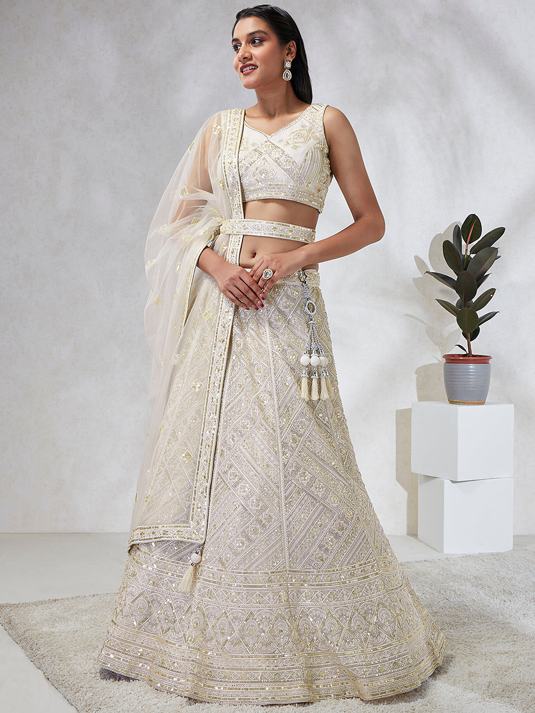 House of Panchhi Cream Net Cutdana, Sequins And Zarkan Embroidery Lehenga Choli & Dupatta - Distacart