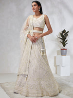 Thumbnail for House of Panchhi Cream Net Cutdana, Sequins And Zarkan Embroidery Lehenga Choli & Dupatta - Distacart