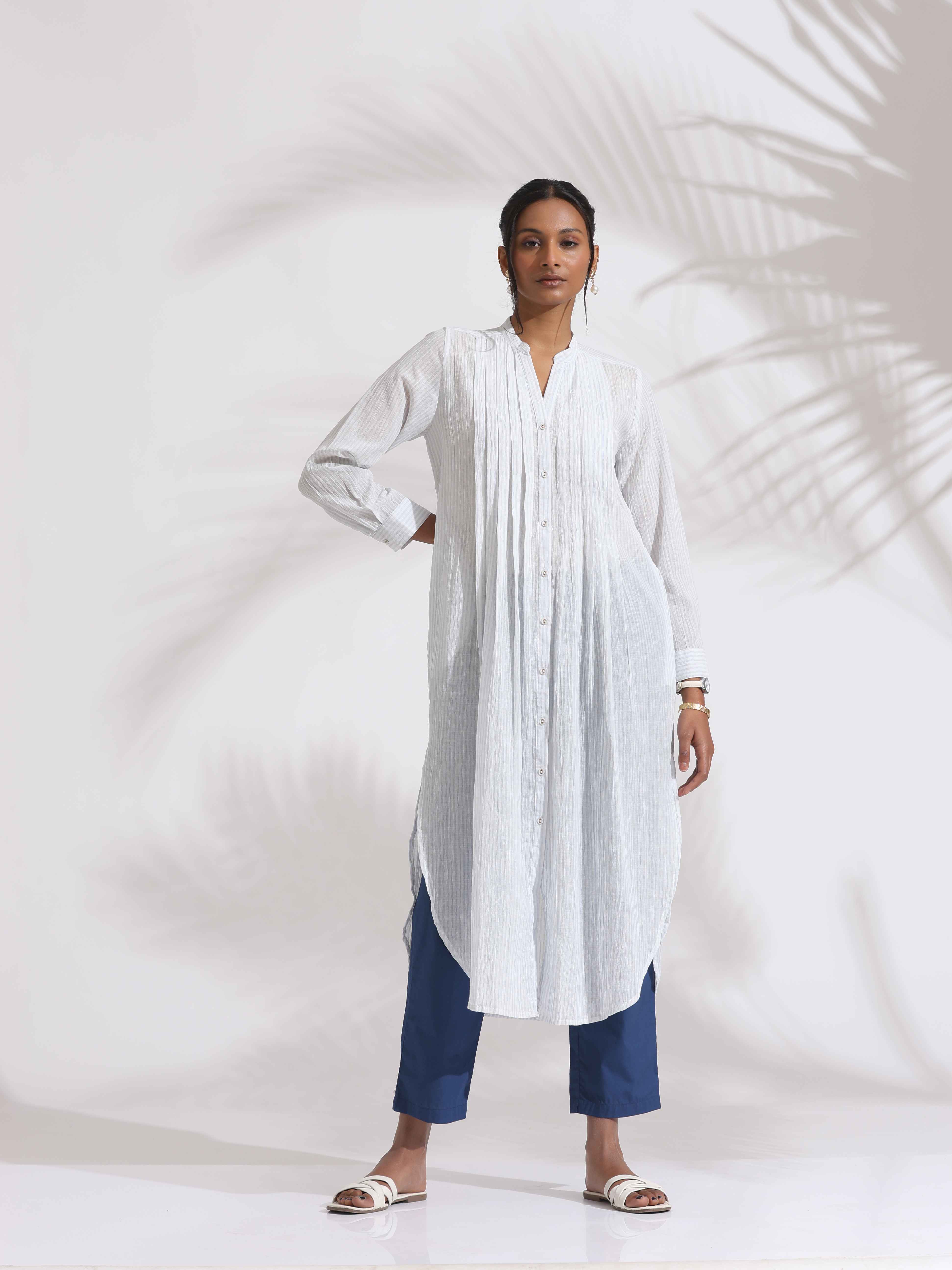 trueBrowns White Cotton Stripe Pleated Shirt Kurta Set - Distacart