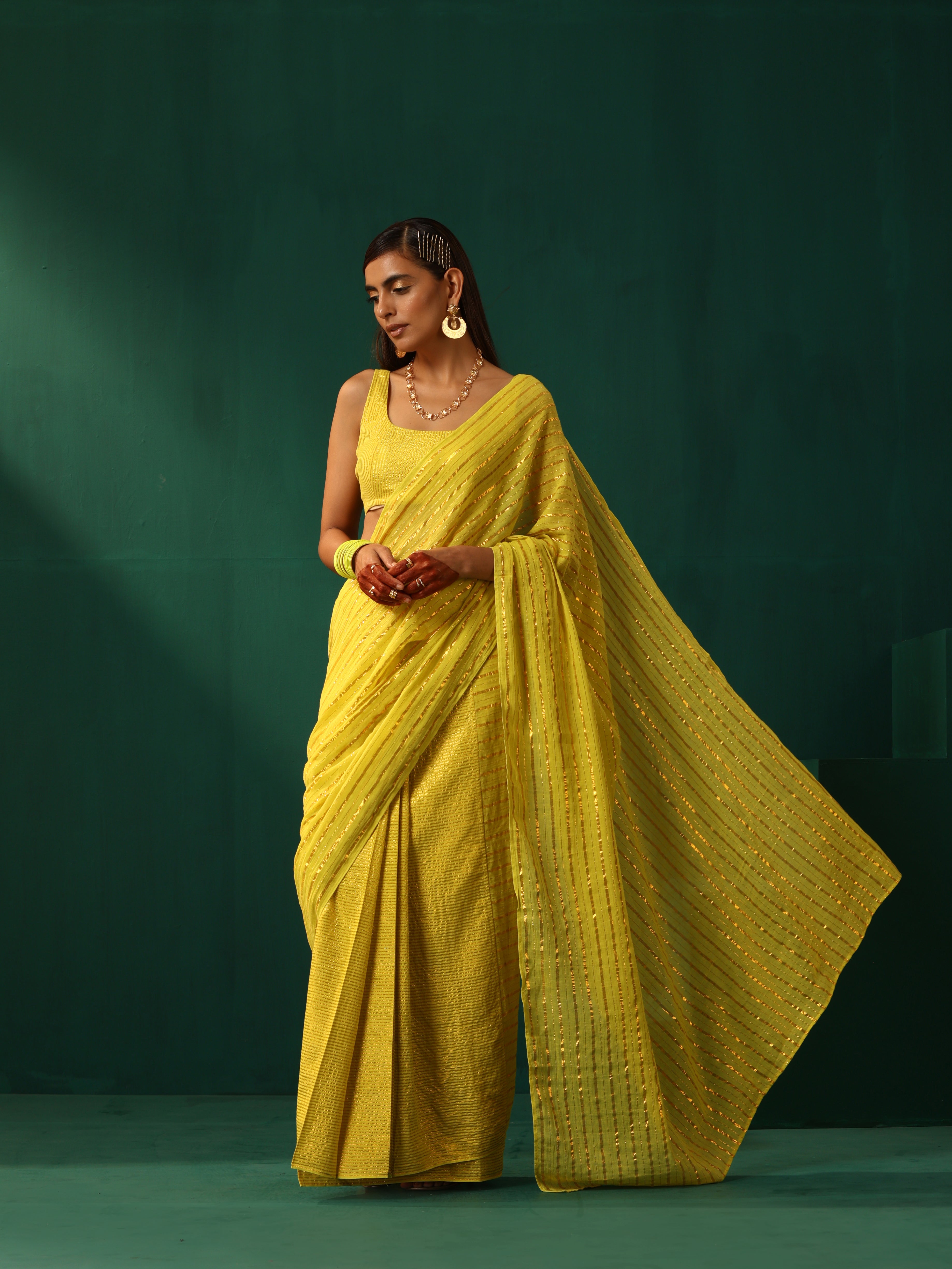 trueBrowns Lime Cotton Gold Lurex Striped Ready to Wear Saree - Distacart