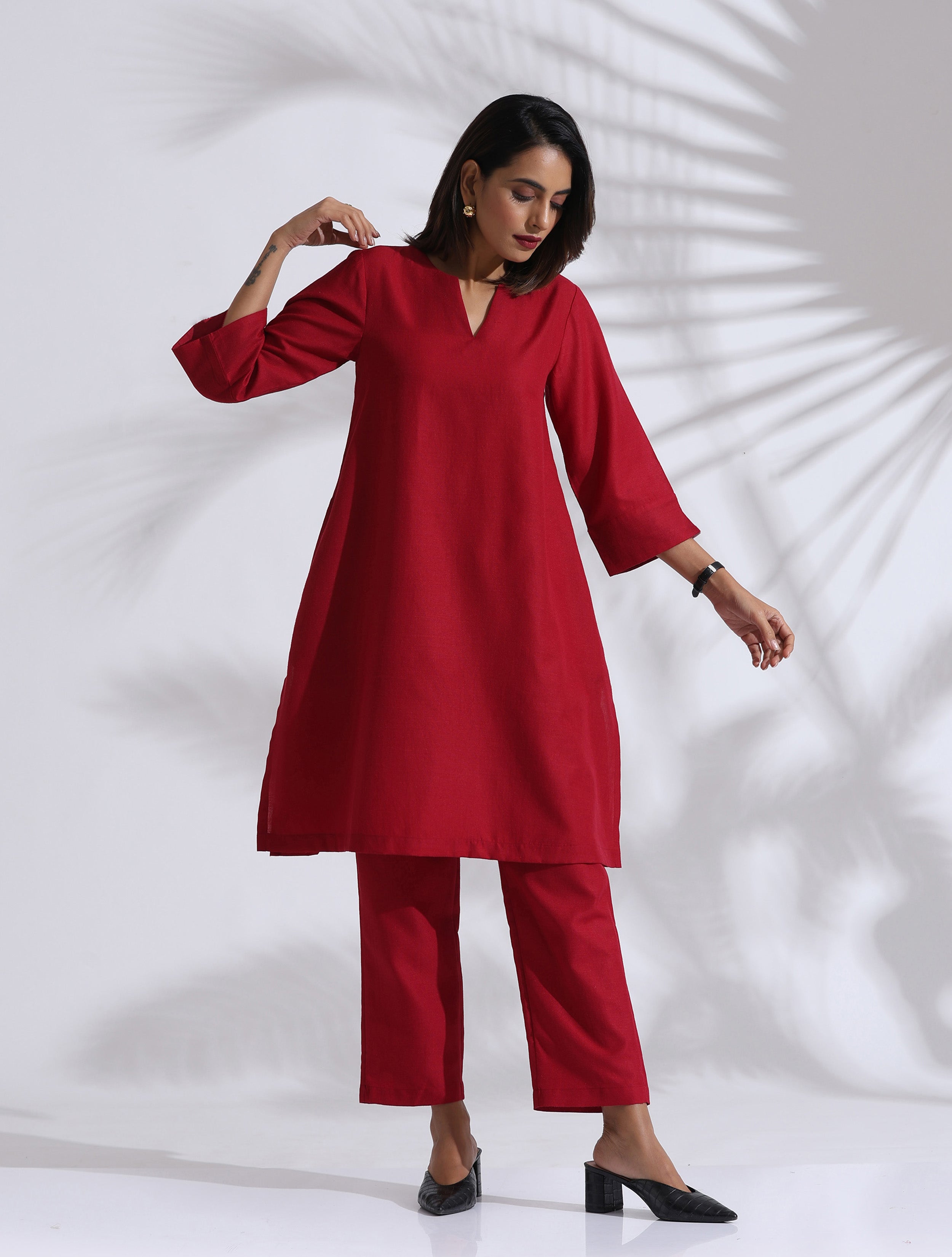 trueBrowns Maroon Slub Kurta Co-ord Set - Distacart