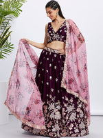 Thumbnail for House of Panchhi Purple Pure Georgette Sequins And Thread Embroidery Lehenga Choli & Dupatta - Distacart