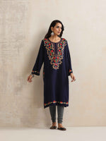 Thumbnail for trueBrowns Blue Kashmiri Embroidered Woollen Phiran Kurta - Distacart