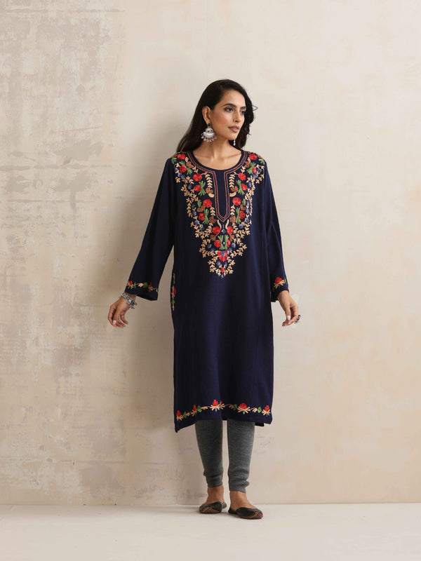 trueBrowns Blue Kashmiri Embroidered Woollen Phiran Kurta - Distacart