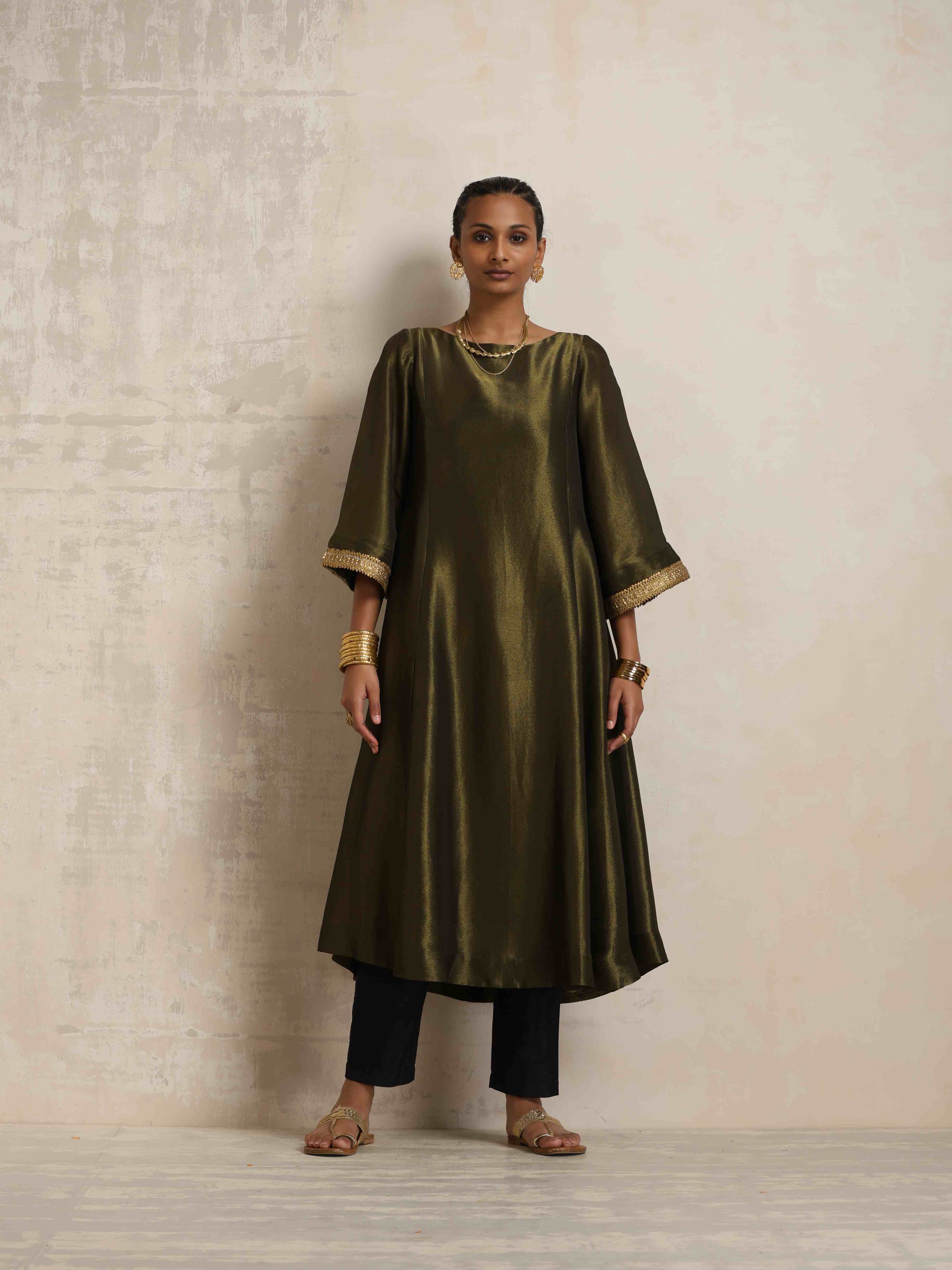 trueBrowns Olive Green Tissue Flared Anarkali Kurta Set - Distacart