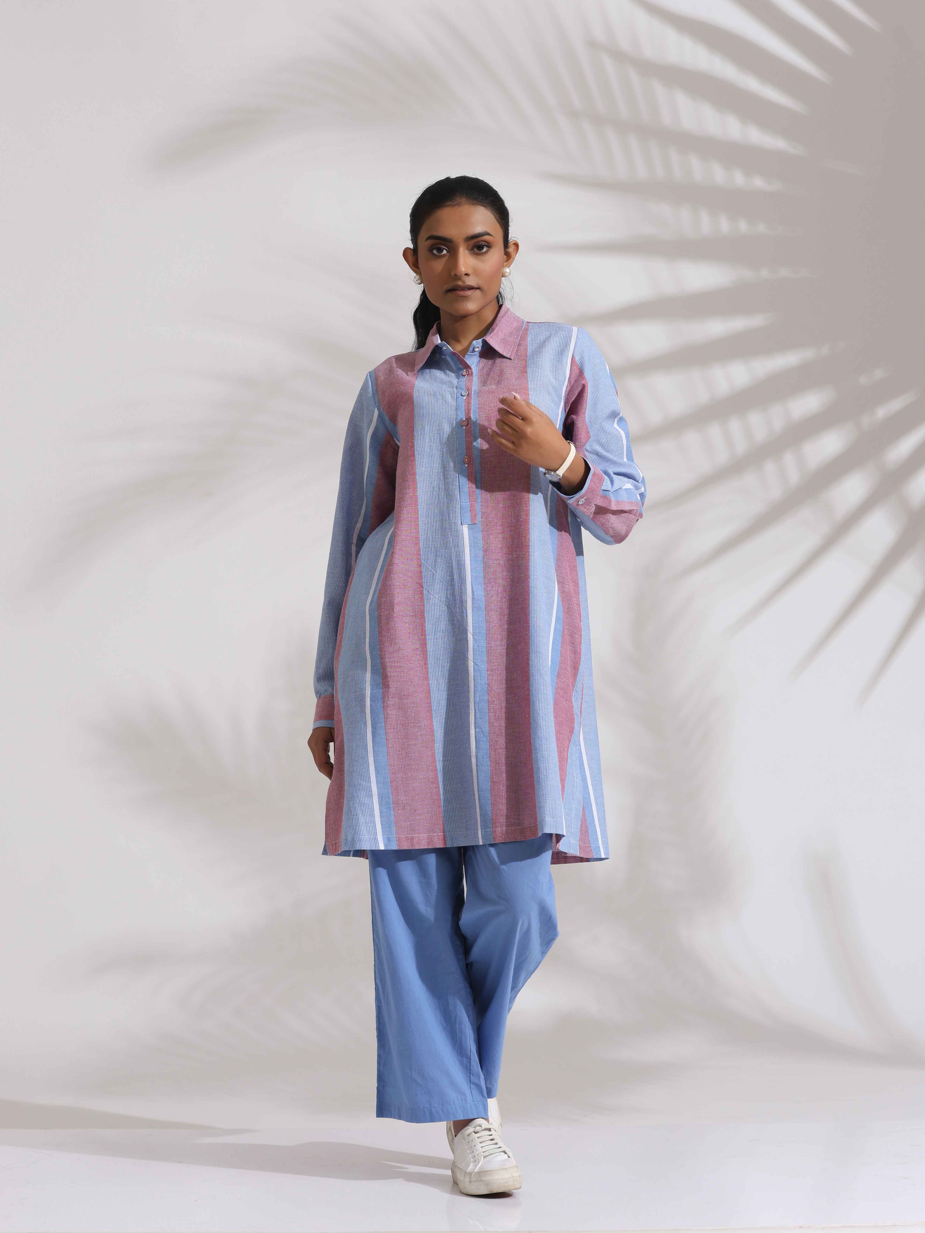 trueBrowns Blue Cotton Stripe Kurta Co-ord Set - Distacart