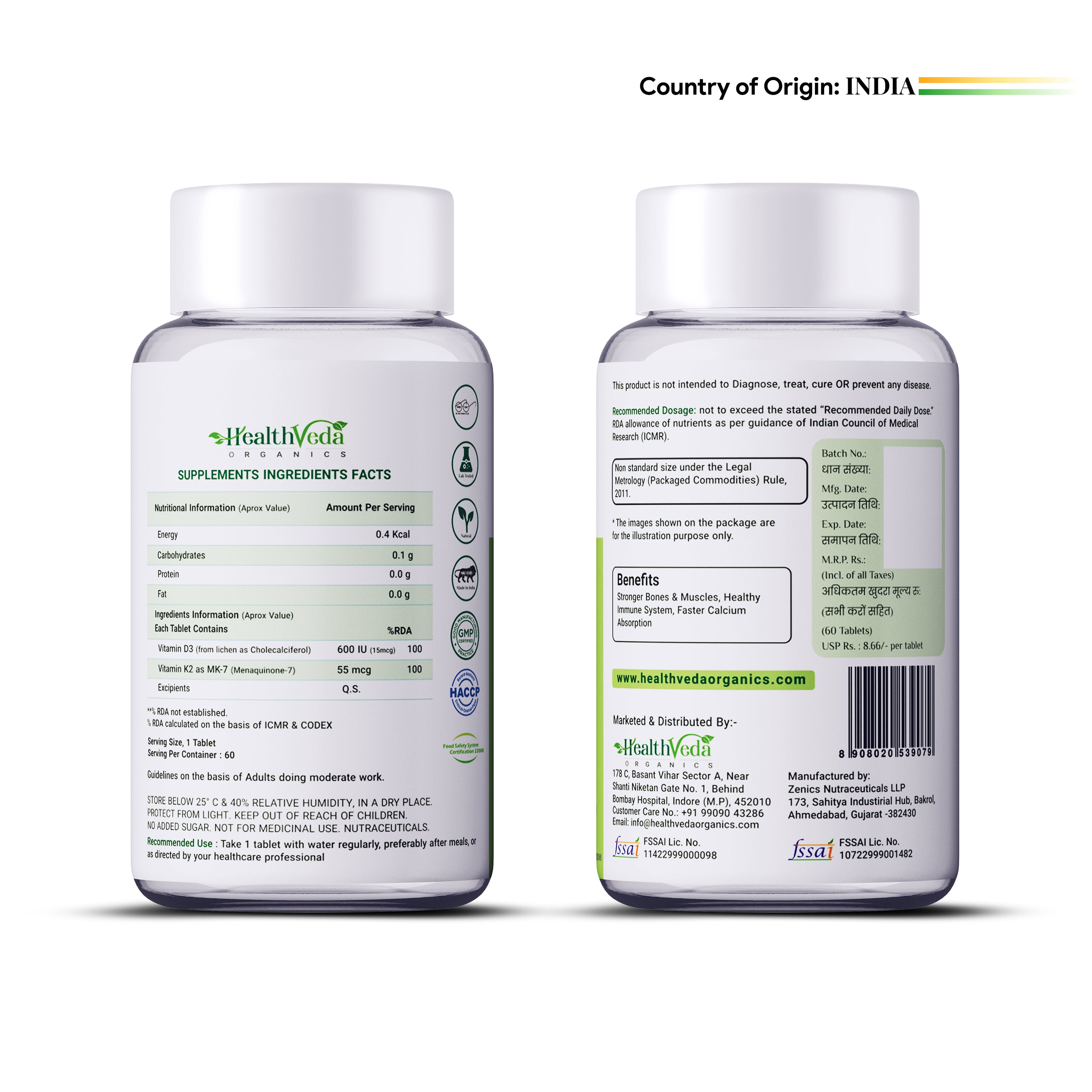 Health Veda Organics Vitamin D3 + K2 Healthy Bones Tablets - Distacart