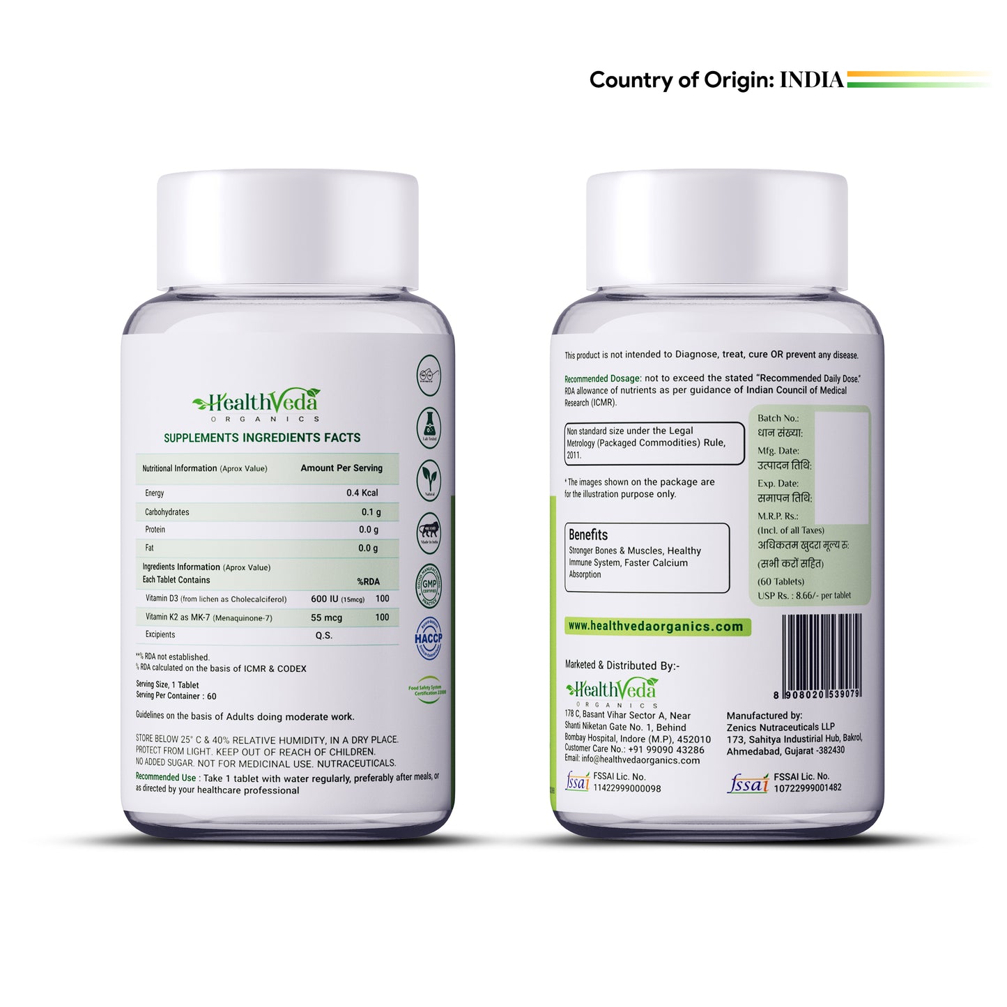 Health Veda Organics Vitamin D3 + K2 Healthy Bones Tablets - Distacart