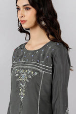 Thumbnail for Ahika Grey Poly Silk Embroidered Straight Suit Set