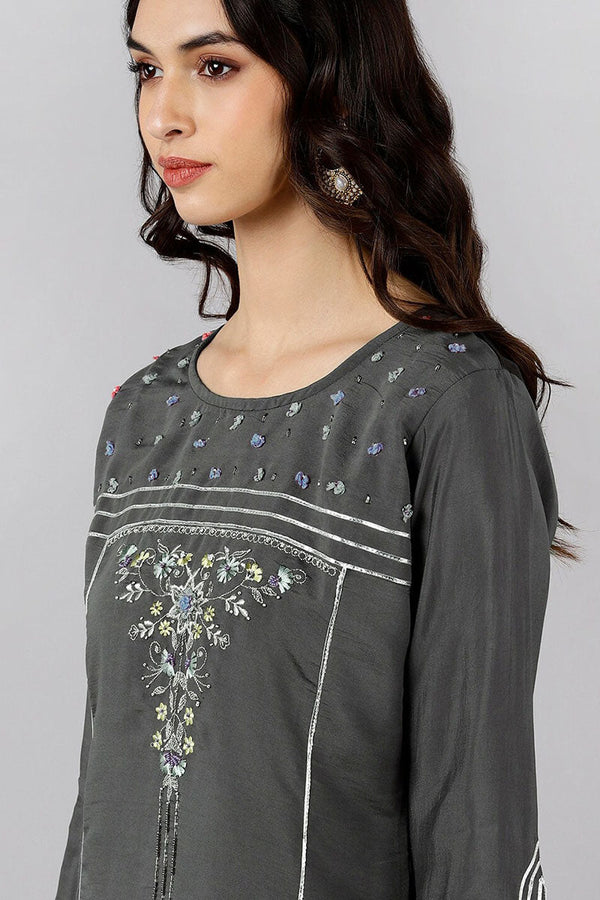 Ahika Grey Poly Silk Embroidered Straight Suit Set